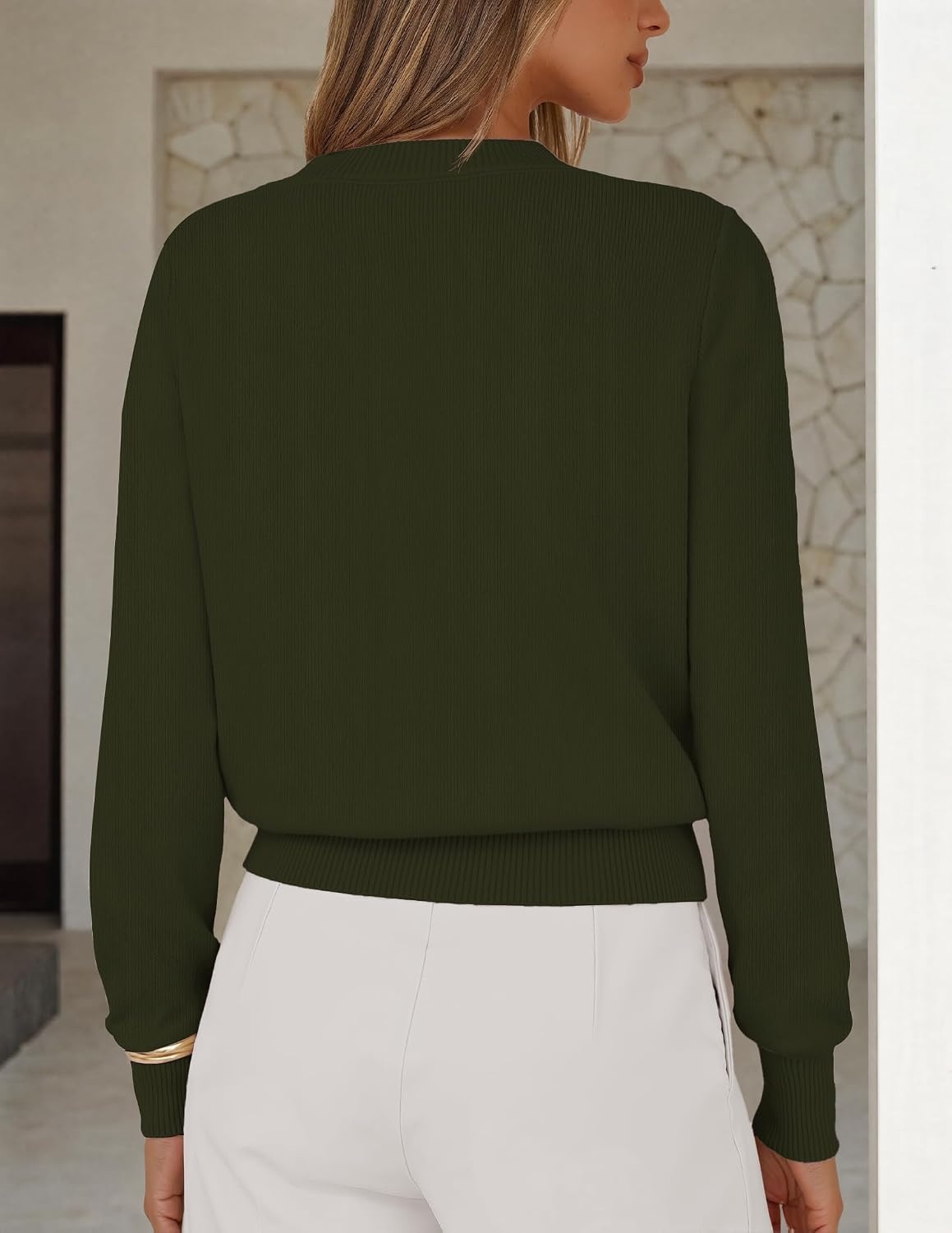 image:imageMEROKEETY Womens Fall Lightweight Sweater Business Casual Tops Ladies Work Sweaters Notched Neck Long Sleeve Horse bit Accents Vintage Pullover 2026 Winter Fashion ClothingArmygreen