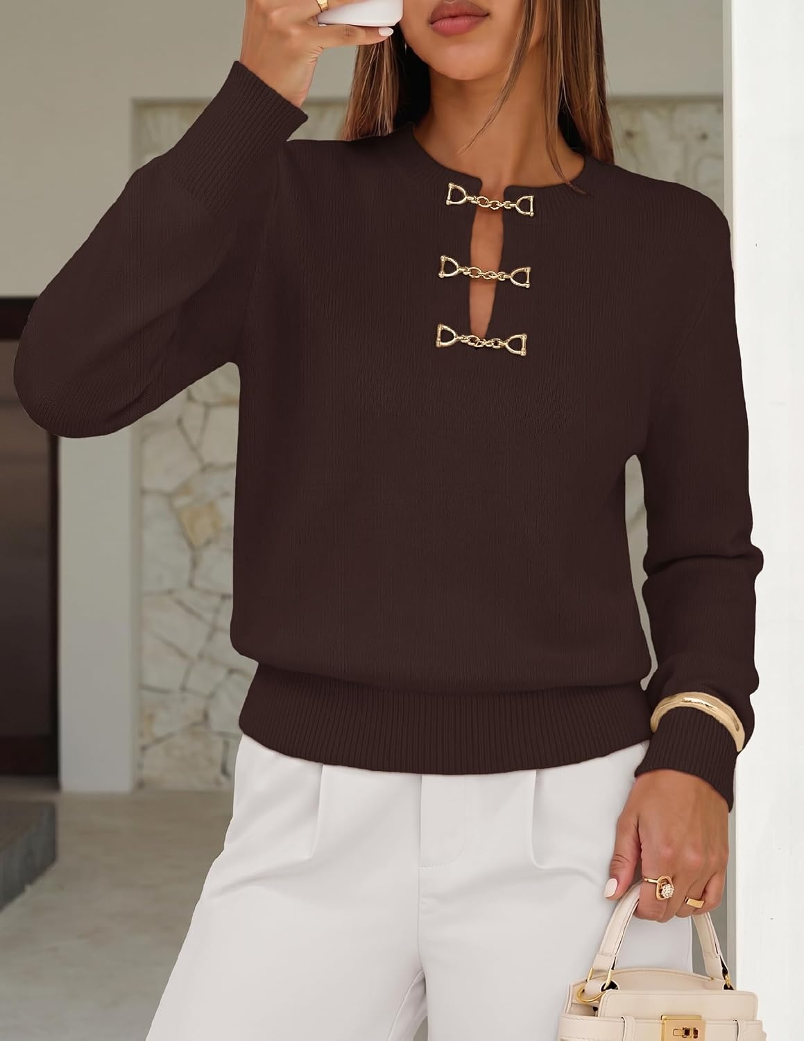 image:imageMEROKEETY Womens Fall Lightweight Sweater Business Casual Tops Ladies Work Sweaters Notched Neck Long Sleeve Horse bit Accents Vintage Pullover 2026 Winter Fashion ClothingCoffee