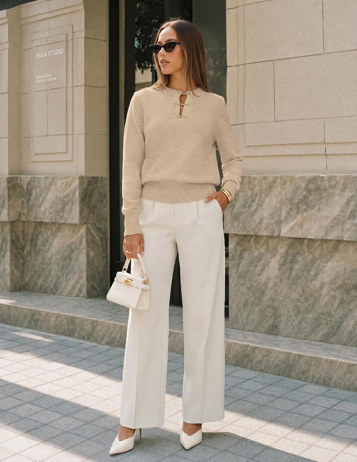image:imageMEROKEETY Womens Fall Lightweight Sweater Business Casual Tops Ladies Work Sweaters Notched Neck Long Sleeve Horse bit Accents Vintage Pullover 2026 Winter Fashion ClothingOatmeal