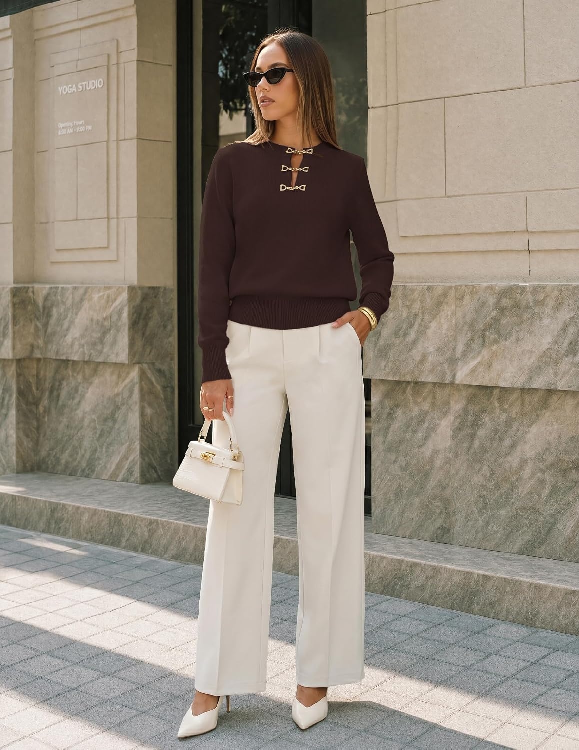 image:imageMEROKEETY Womens Fall Lightweight Sweater Business Casual Tops Ladies Work Sweaters Notched Neck Long Sleeve Horse bit Accents Vintage Pullover 2026 Winter Fashion ClothingCoffee