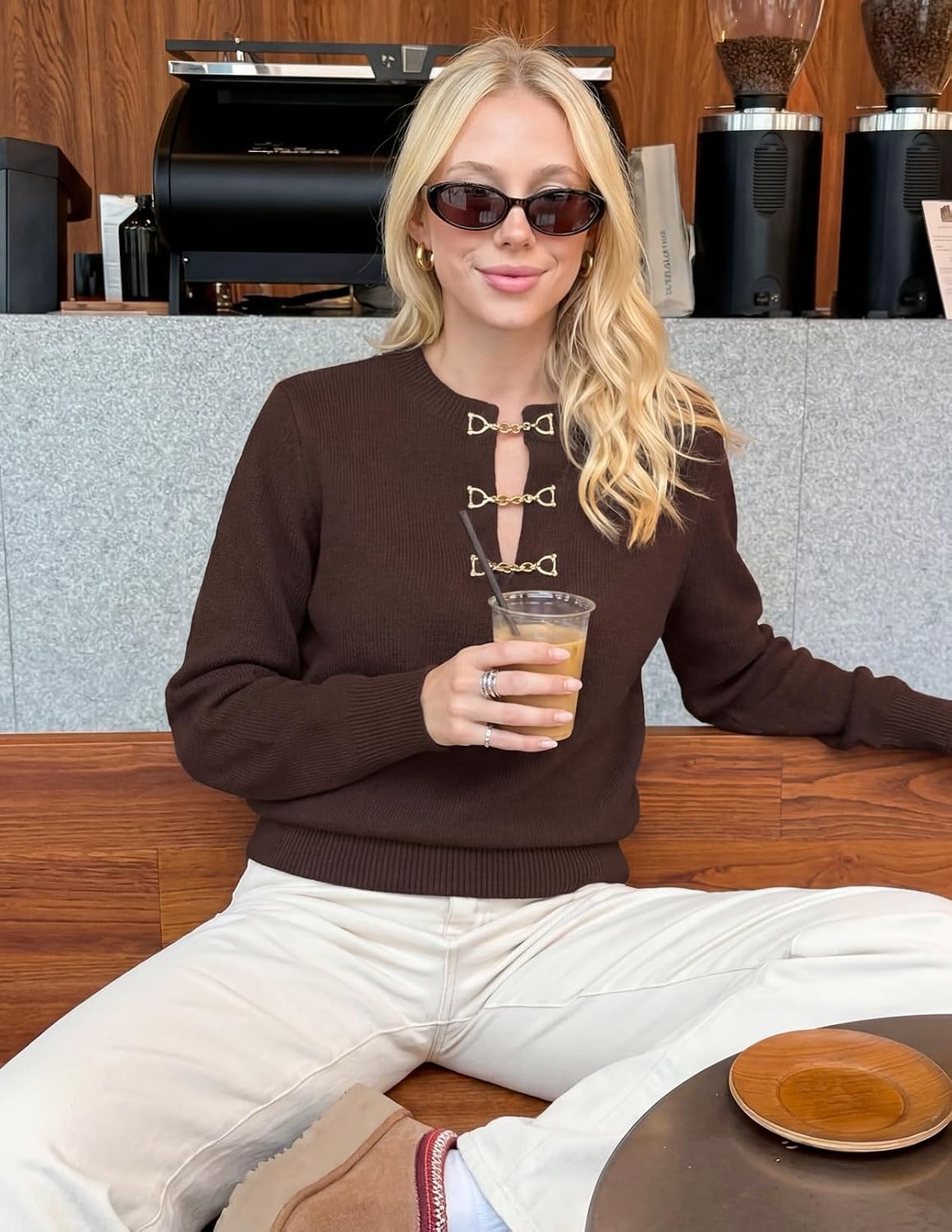 image:imageMEROKEETY Womens Fall Lightweight Sweater Business Casual Tops Ladies Work Sweaters Notched Neck Long Sleeve Horse bit Accents Vintage Pullover 2026 Winter Fashion ClothingCoffee