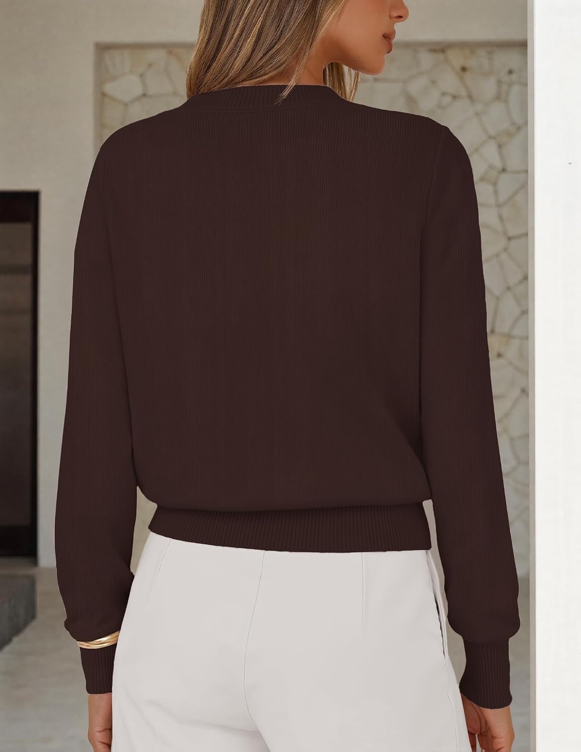 image:imageMEROKEETY Womens Fall Lightweight Sweater Business Casual Tops Ladies Work Sweaters Notched Neck Long Sleeve Horse bit Accents Vintage Pullover 2026 Winter Fashion ClothingCoffee