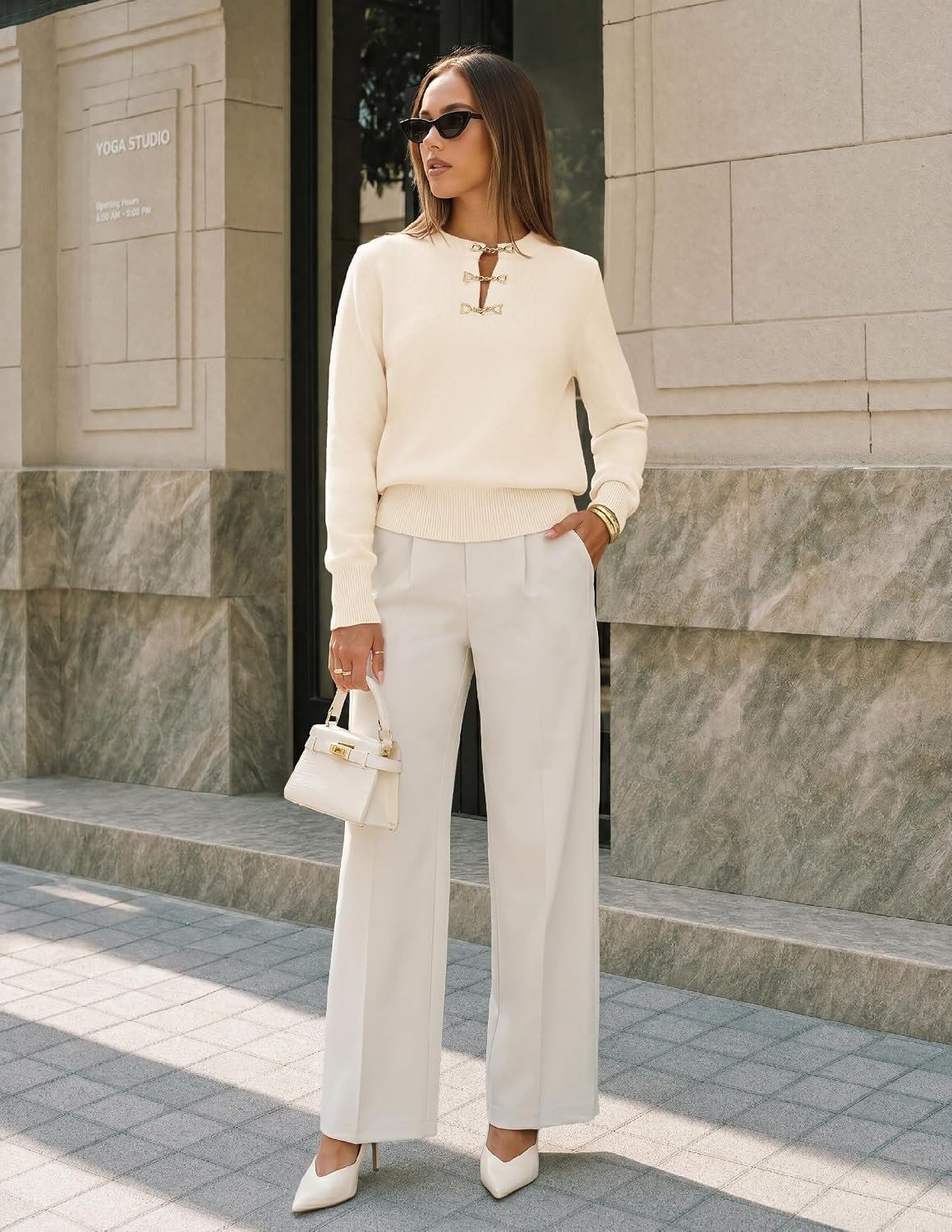 image:imageMEROKEETY Womens Fall Lightweight Sweater Business Casual Tops Ladies Work Sweaters Notched Neck Long Sleeve Horse bit Accents Vintage Pullover 2026 Winter Fashion ClothingApricot