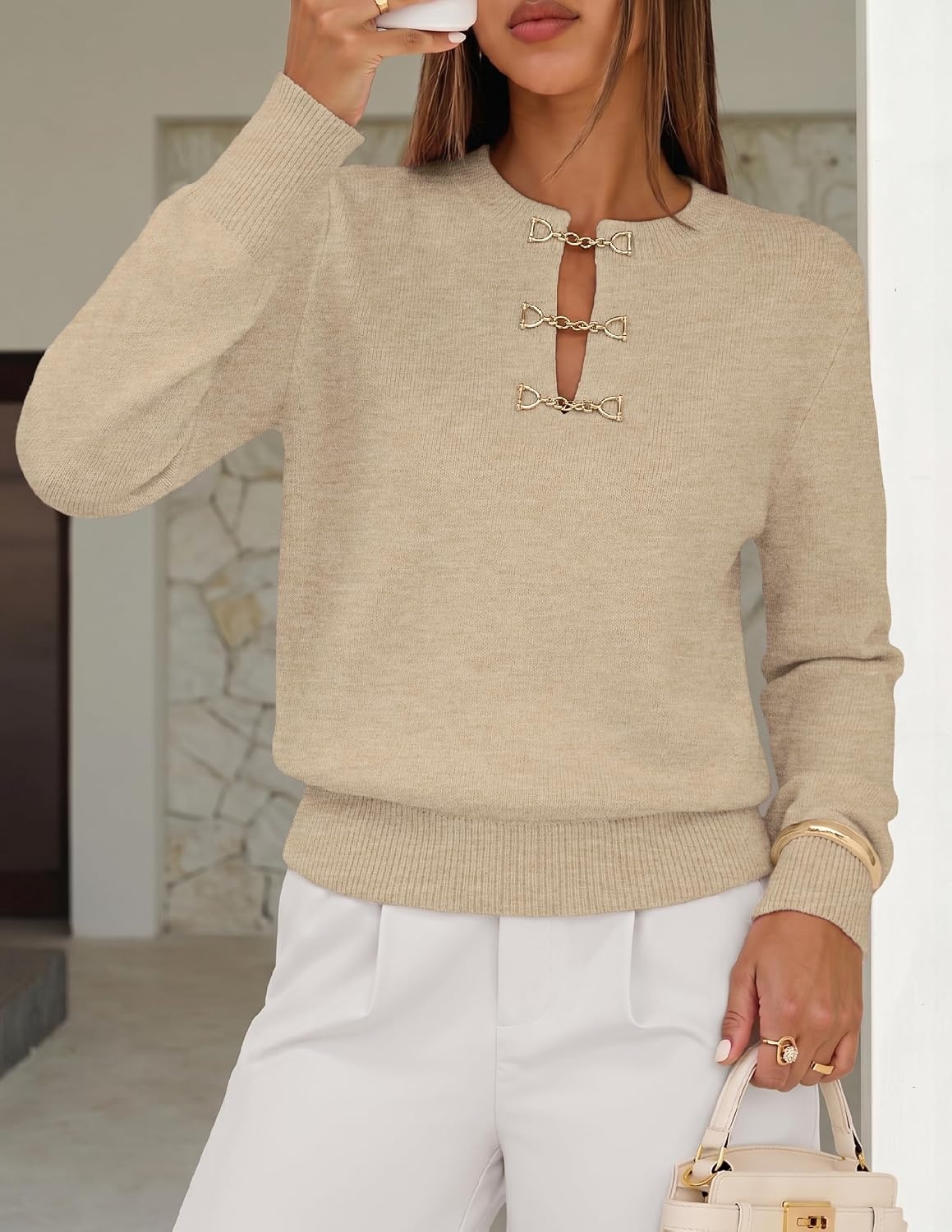 image:imageMEROKEETY Womens Fall Lightweight Sweater Business Casual Tops Ladies Work Sweaters Notched Neck Long Sleeve Horse bit Accents Vintage Pullover 2026 Winter Fashion ClothingOatmeal