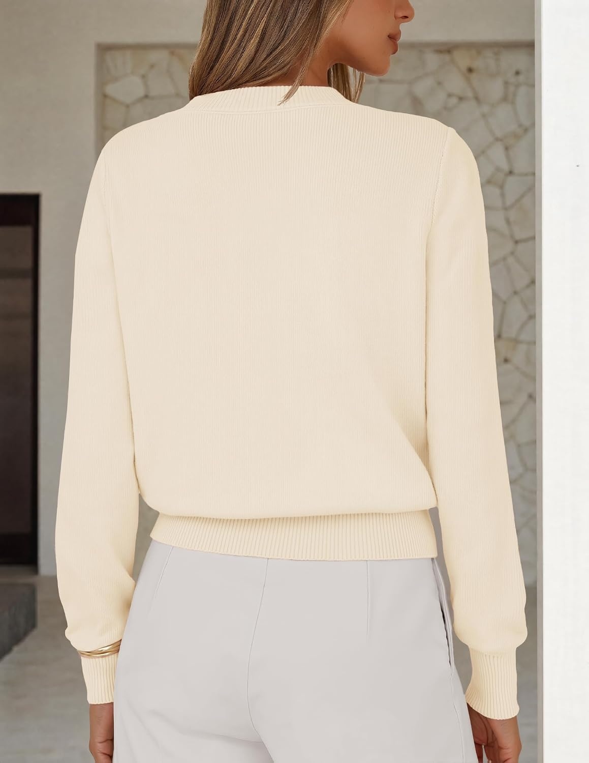 image:imageMEROKEETY Womens Fall Lightweight Sweater Business Casual Tops Ladies Work Sweaters Notched Neck Long Sleeve Horse bit Accents Vintage Pullover 2026 Winter Fashion ClothingApricot