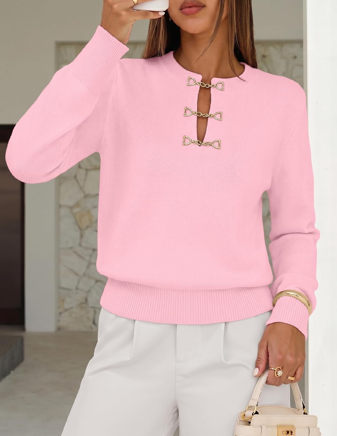 image:imageMEROKEETY Womens Fall Lightweight Sweater Business Casual Tops Ladies Work Sweaters Notched Neck Long Sleeve Horse bit Accents Vintage Pullover 2026 Winter Fashion ClothingPink