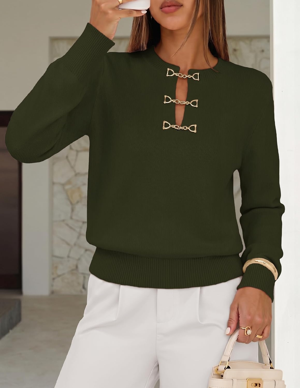 image:imageMEROKEETY Womens Fall Lightweight Sweater Business Casual Tops Ladies Work Sweaters Notched Neck Long Sleeve Horse bit Accents Vintage Pullover 2026 Winter Fashion ClothingArmygreen