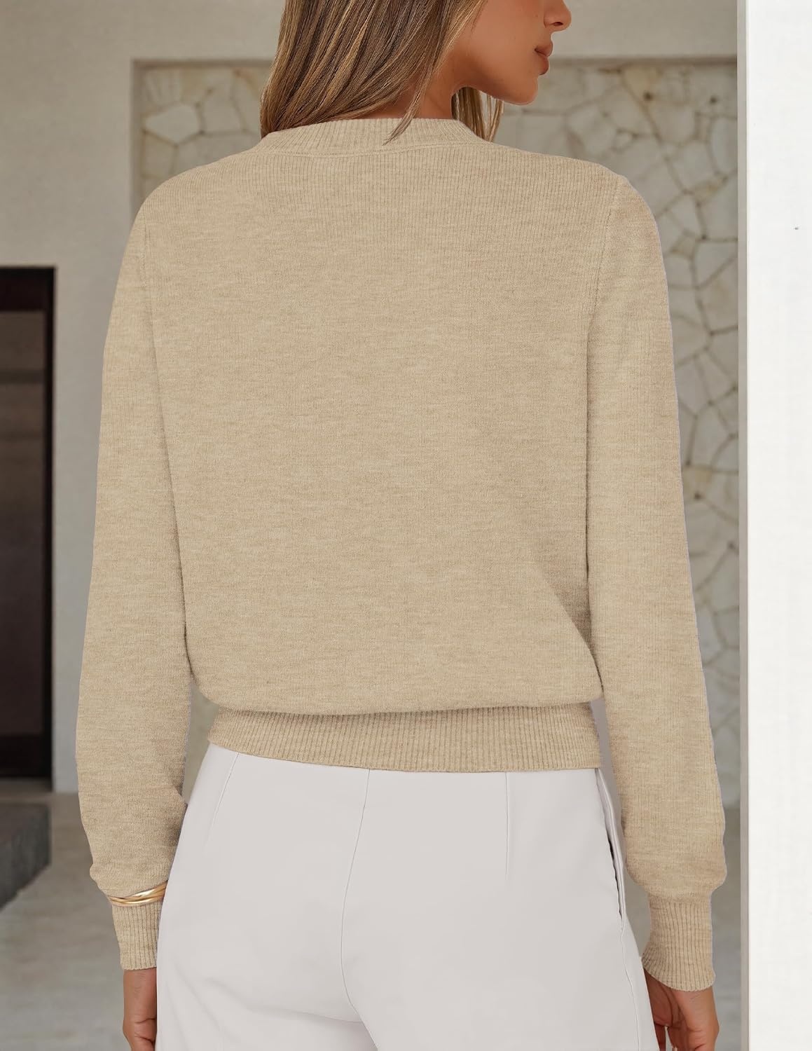 image:imageMEROKEETY Womens Fall Lightweight Sweater Business Casual Tops Ladies Work Sweaters Notched Neck Long Sleeve Horse bit Accents Vintage Pullover 2026 Winter Fashion ClothingOatmeal