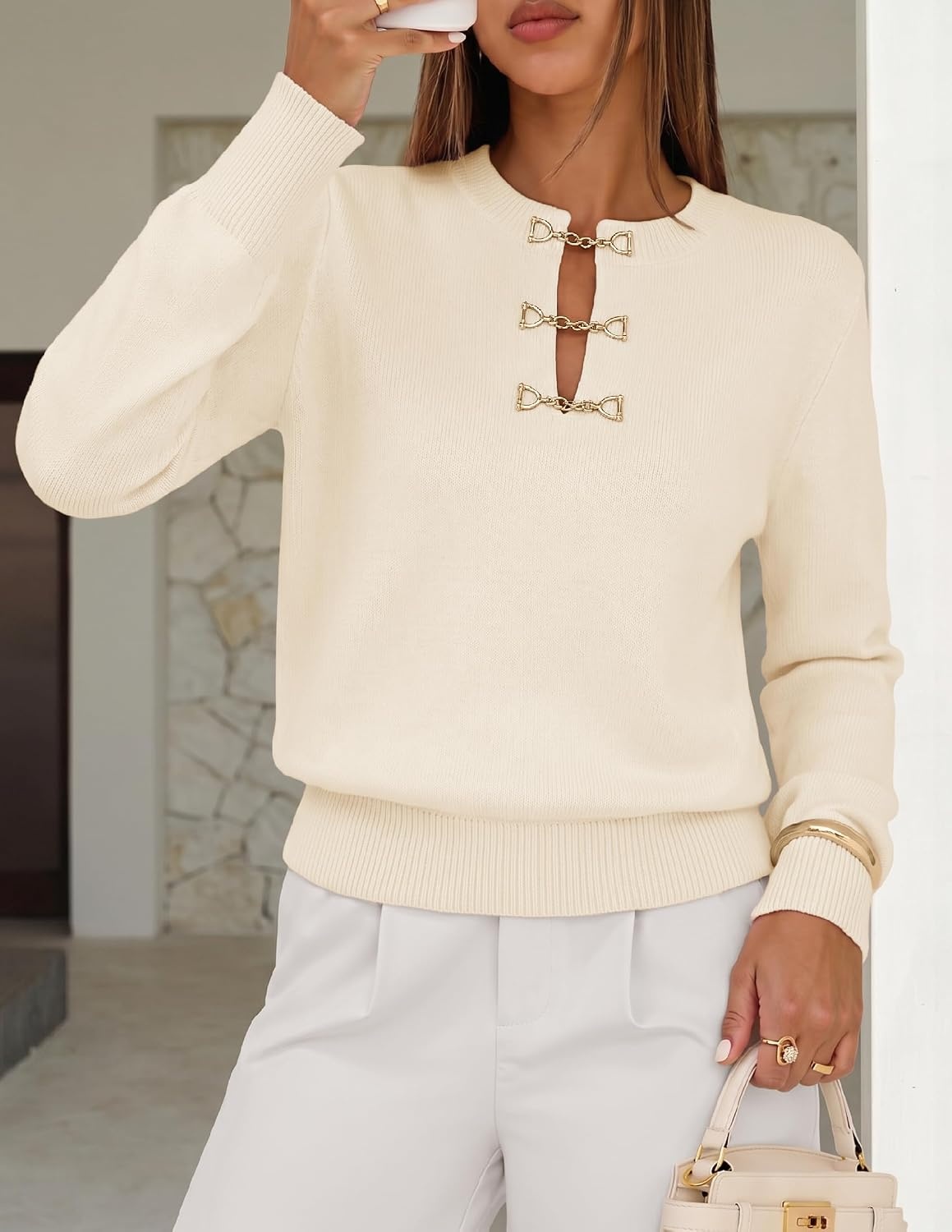 image:imageMEROKEETY Womens Fall Lightweight Sweater Business Casual Tops Ladies Work Sweaters Notched Neck Long Sleeve Horse bit Accents Vintage Pullover 2026 Winter Fashion ClothingApricot