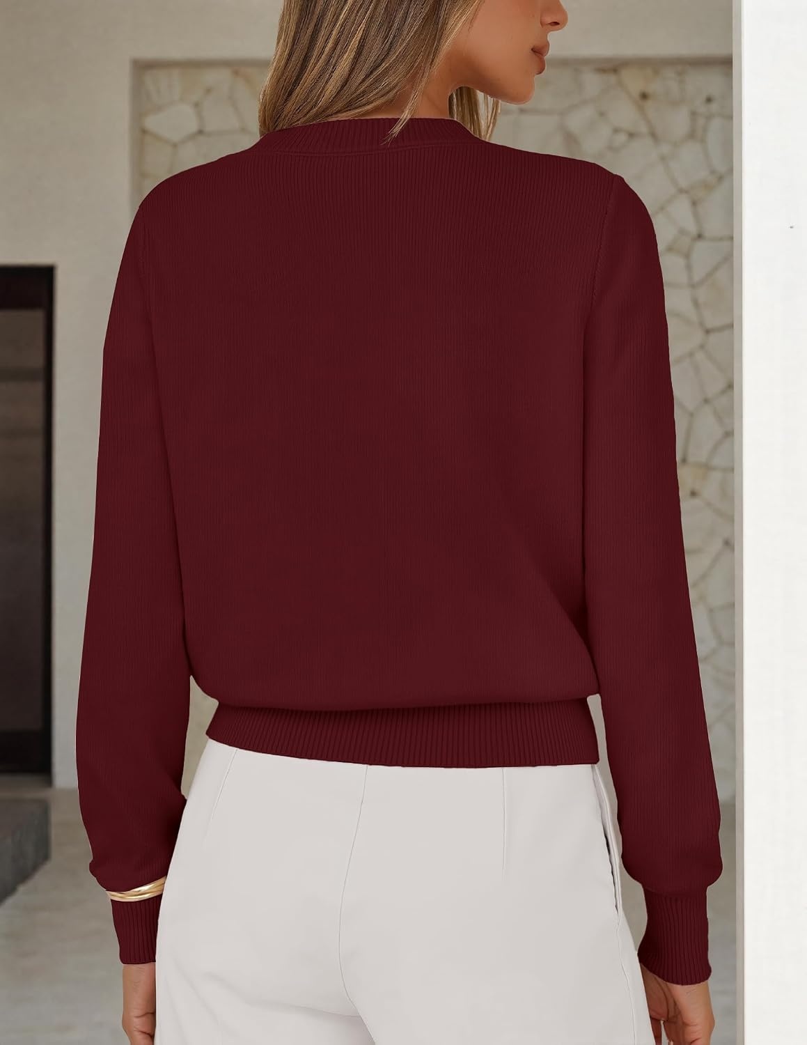 image:imageMEROKEETY Womens Fall Lightweight Sweater Business Casual Tops Ladies Work Sweaters Notched Neck Long Sleeve Horse bit Accents Vintage Pullover 2026 Winter Fashion ClothingWine