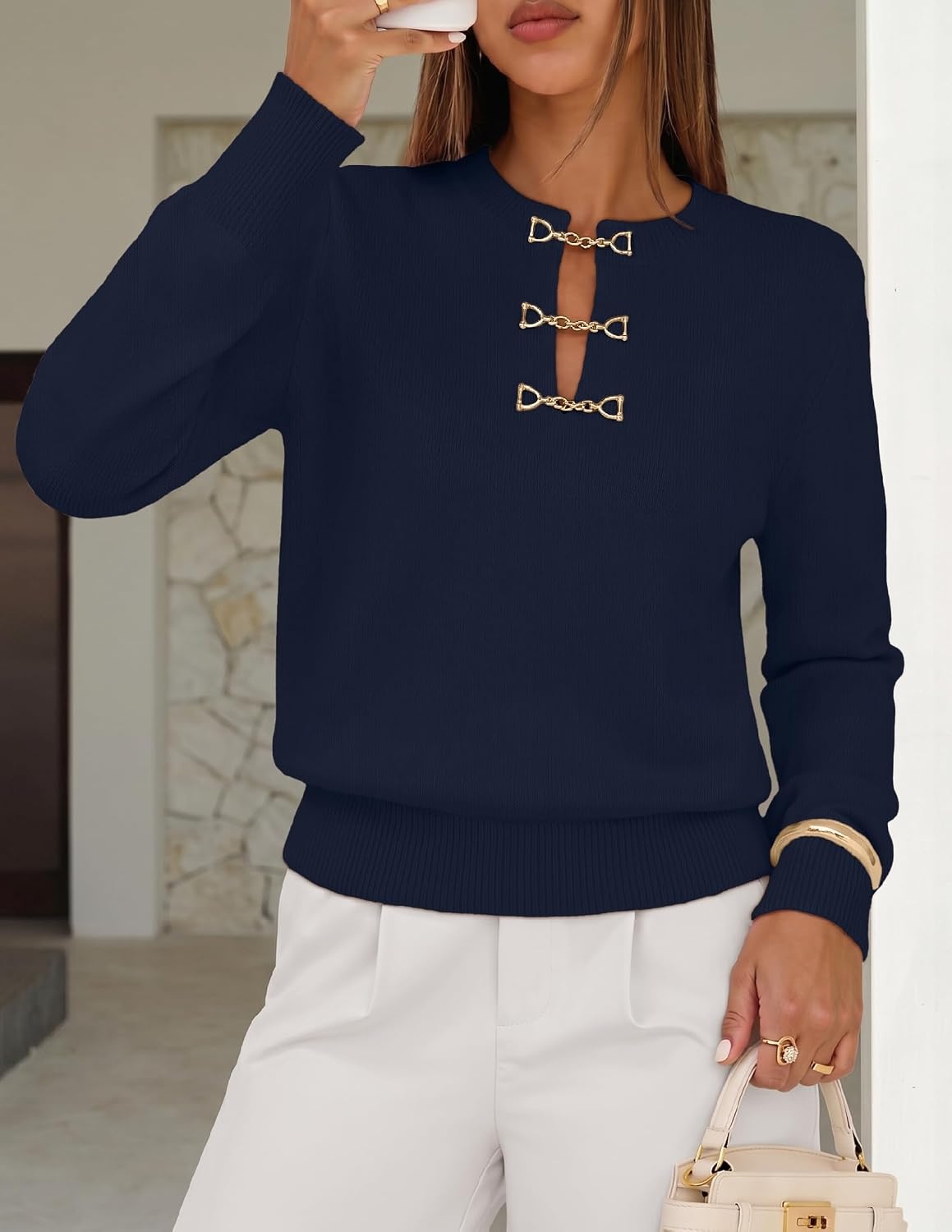 image:imageMEROKEETY Womens Fall Lightweight Sweater Business Casual Tops Ladies Work Sweaters Notched Neck Long Sleeve Horse bit Accents Vintage Pullover 2026 Winter Fashion ClothingNavy