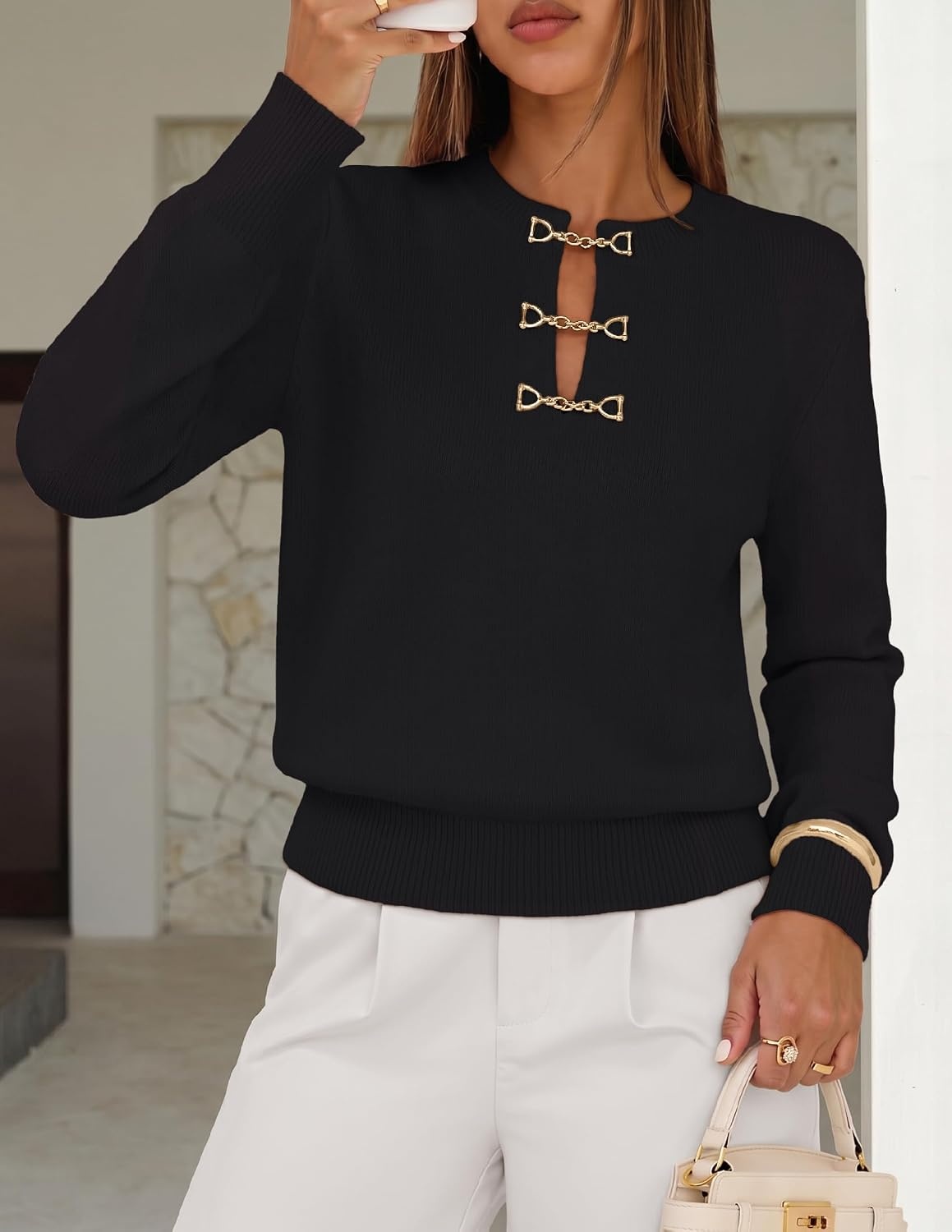 image:imageMEROKEETY Womens Fall Lightweight Sweater Business Casual Tops Ladies Work Sweaters Notched Neck Long Sleeve Horse bit Accents Vintage Pullover 2026 Winter Fashion ClothingBlack