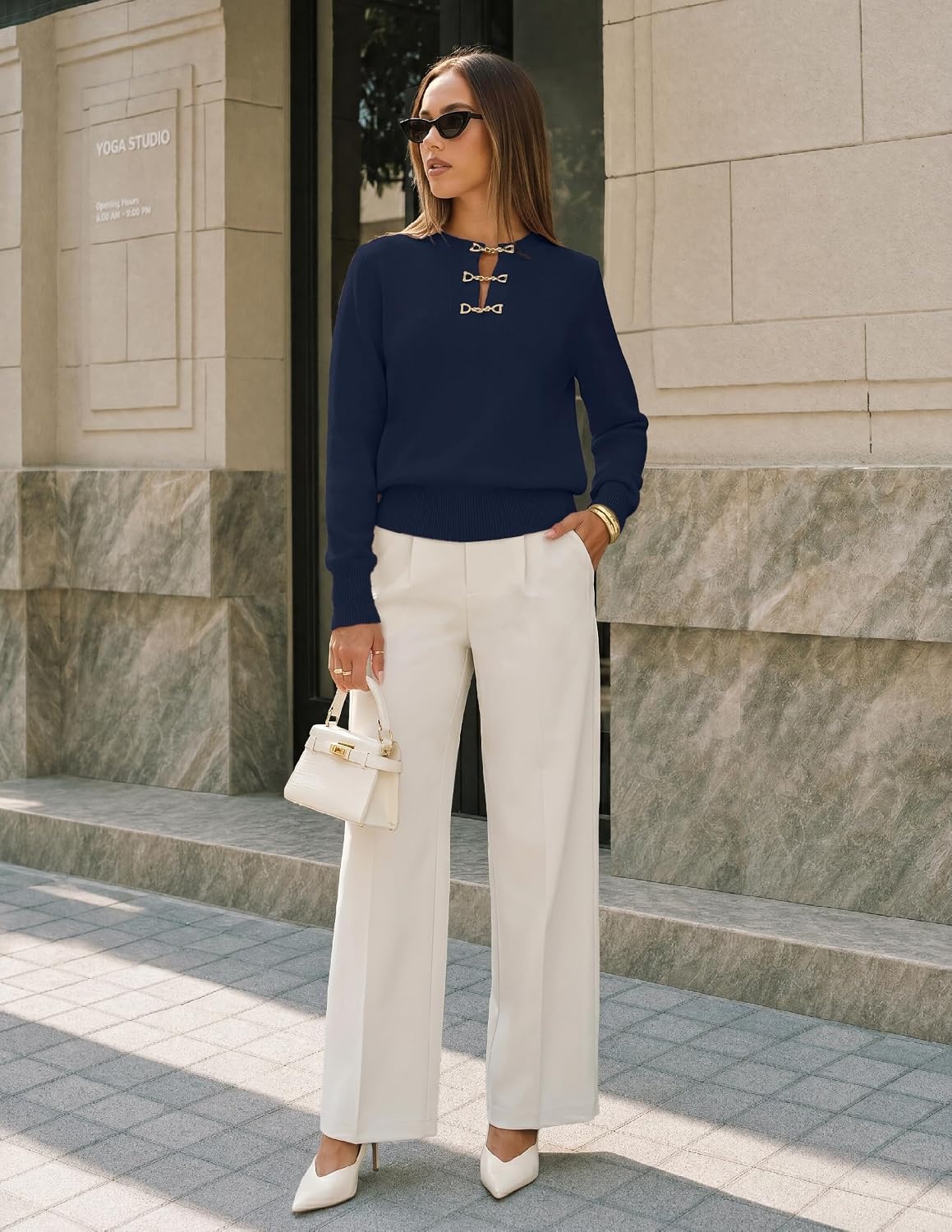 image:imageMEROKEETY Womens Fall Lightweight Sweater Business Casual Tops Ladies Work Sweaters Notched Neck Long Sleeve Horse bit Accents Vintage Pullover 2026 Winter Fashion ClothingNavy