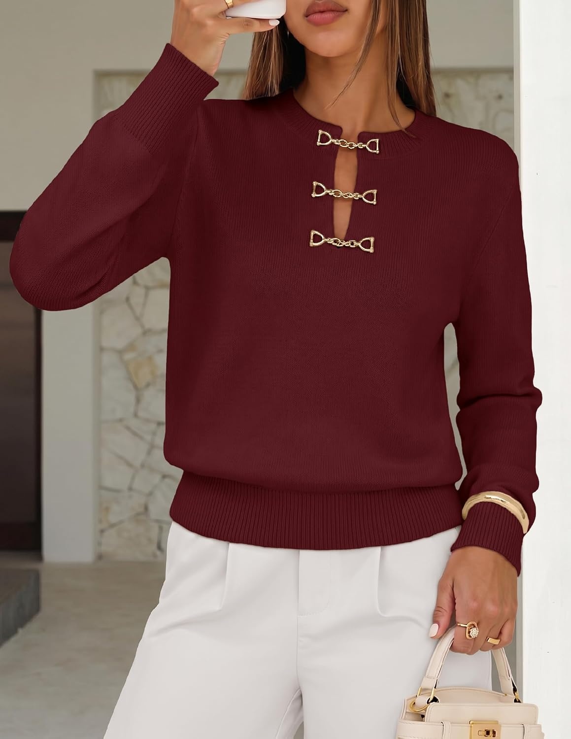 image:imageMEROKEETY Womens Fall Lightweight Sweater Business Casual Tops Ladies Work Sweaters Notched Neck Long Sleeve Horse bit Accents Vintage Pullover 2026 Winter Fashion ClothingWine