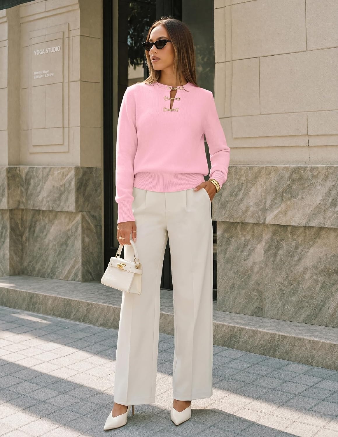 image:imageMEROKEETY Womens Fall Lightweight Sweater Business Casual Tops Ladies Work Sweaters Notched Neck Long Sleeve Horse bit Accents Vintage Pullover 2026 Winter Fashion ClothingPink