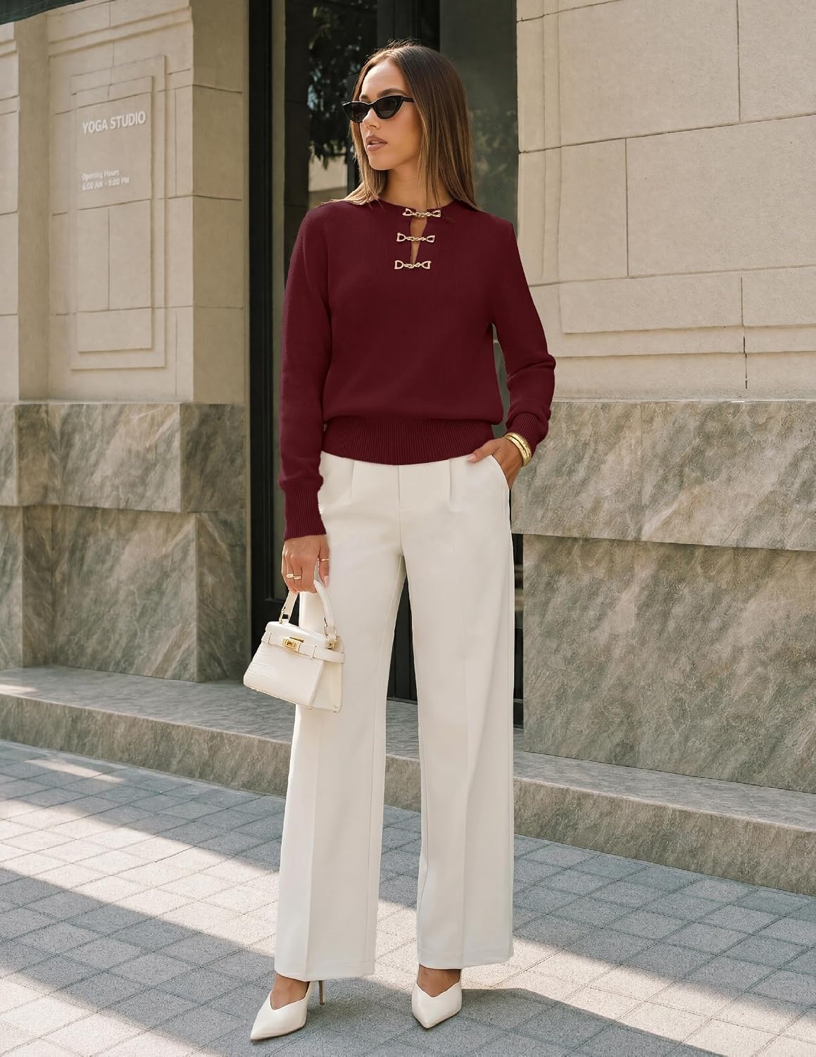 image:imageMEROKEETY Womens Fall Lightweight Sweater Business Casual Tops Ladies Work Sweaters Notched Neck Long Sleeve Horse bit Accents Vintage Pullover 2026 Winter Fashion ClothingWine