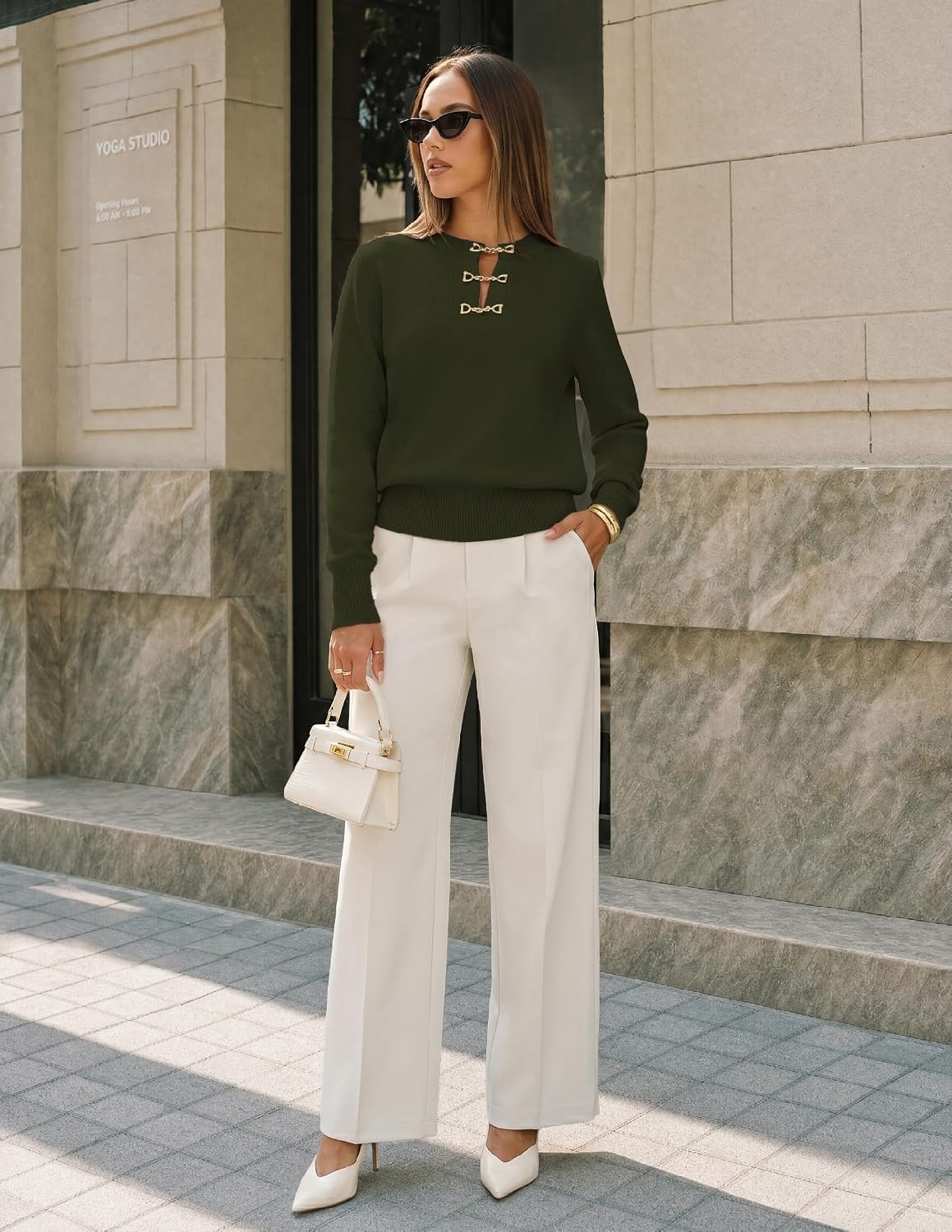image:imageMEROKEETY Womens Fall Lightweight Sweater Business Casual Tops Ladies Work Sweaters Notched Neck Long Sleeve Horse bit Accents Vintage Pullover 2026 Winter Fashion ClothingArmygreen