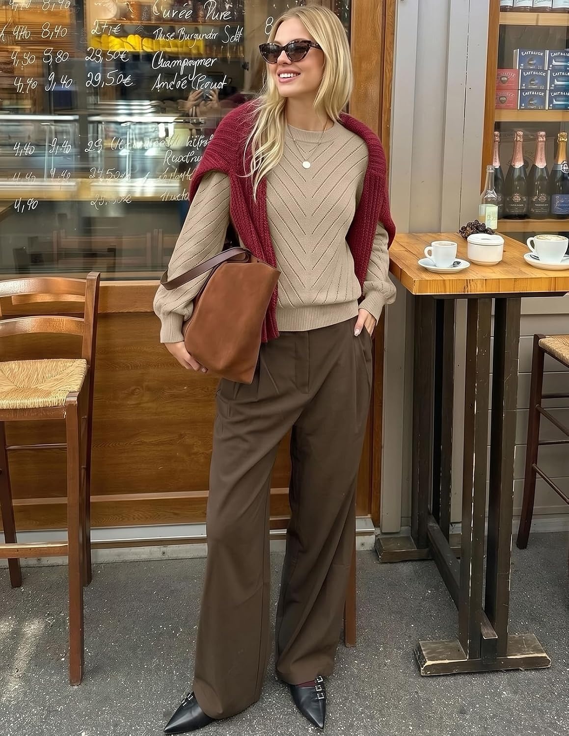 image:imageMEROKEETY Womens Fall Lightweight Sweater Long Sleeve Eyelet Pullover Tops 2026 Ladies Winter Cute Trendy Crewneck Pointelle Balloon Sleeves Ribbed Hem Casual Knit Fashion Outfit ClothesApricot