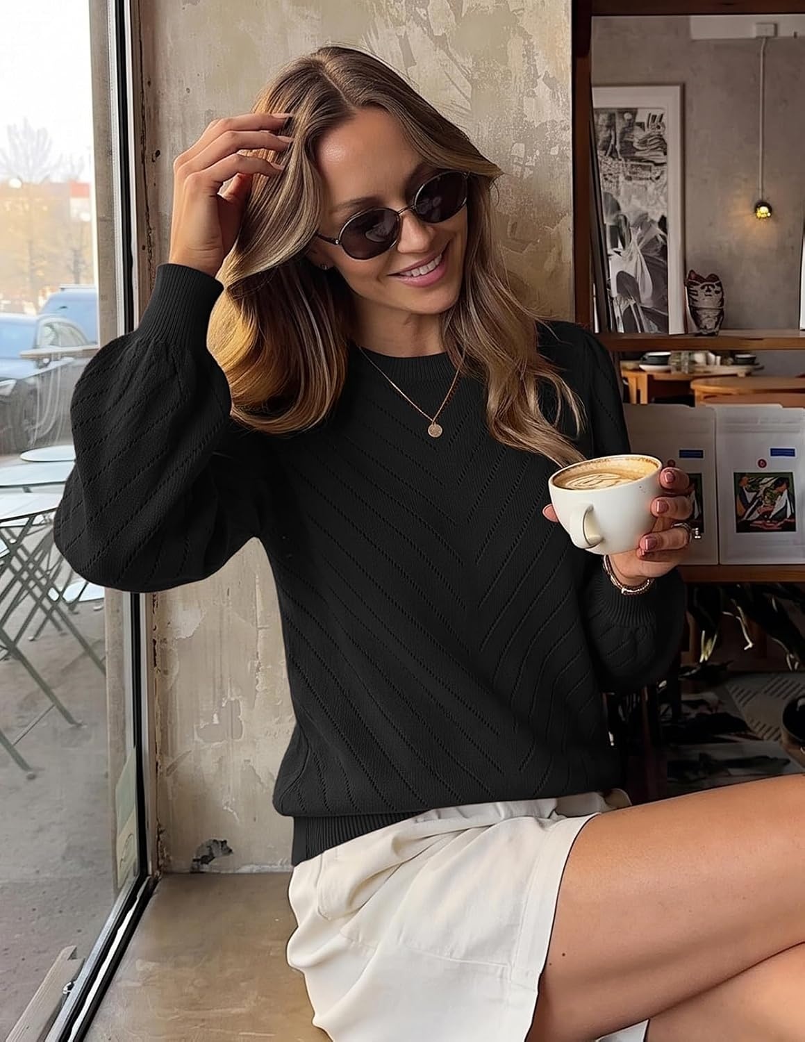 image:imageMEROKEETY Womens Fall Lightweight Sweater Long Sleeve Eyelet Pullover Tops 2026 Ladies Winter Cute Trendy Crewneck Pointelle Balloon Sleeves Ribbed Hem Casual Knit Fashion Outfit ClothesBlack