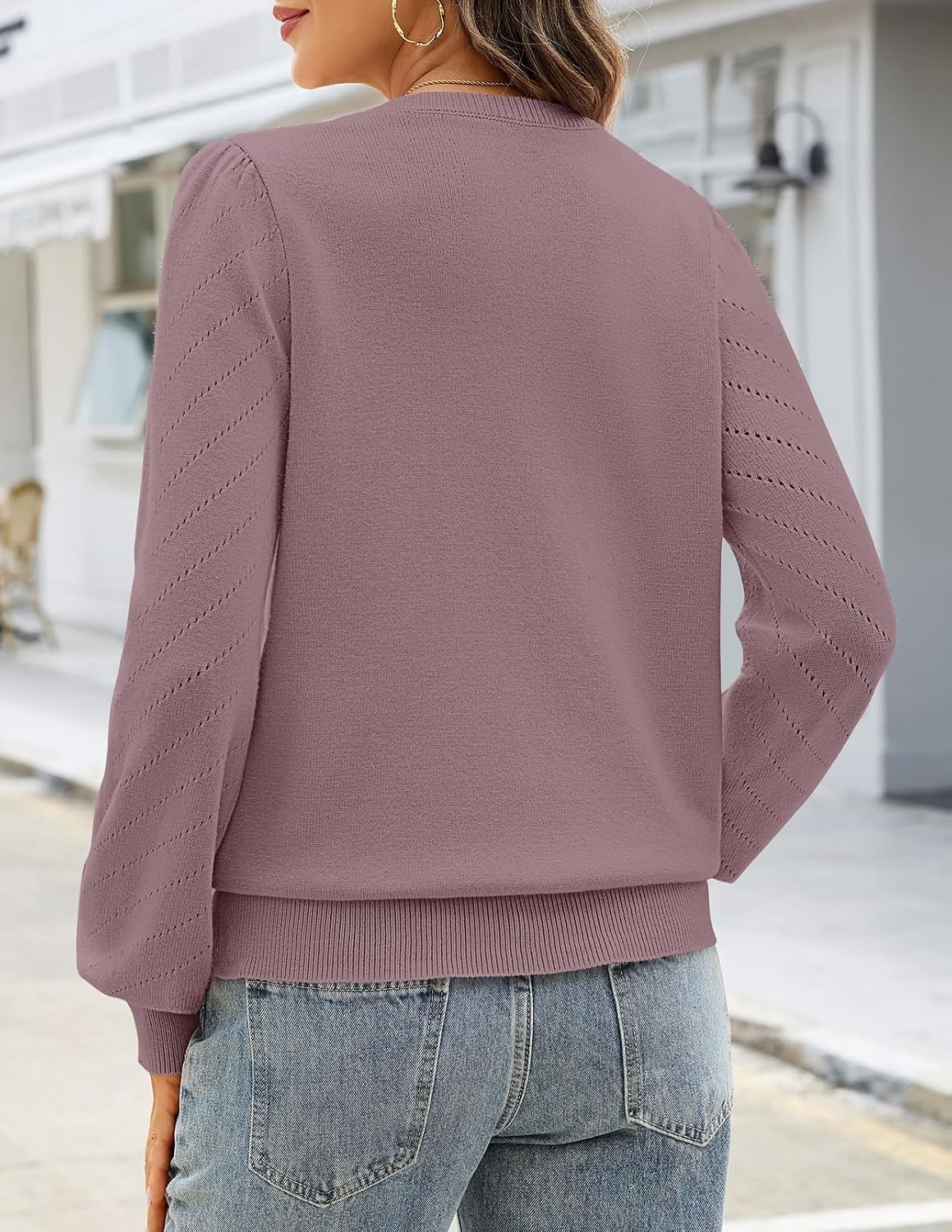 image:imageMEROKEETY Womens Fall Lightweight Sweater Long Sleeve Eyelet Pullover Tops 2026 Ladies Winter Cute Trendy Crewneck Pointelle Balloon Sleeves Ribbed Hem Casual Knit Fashion Outfit ClothesGreypurple