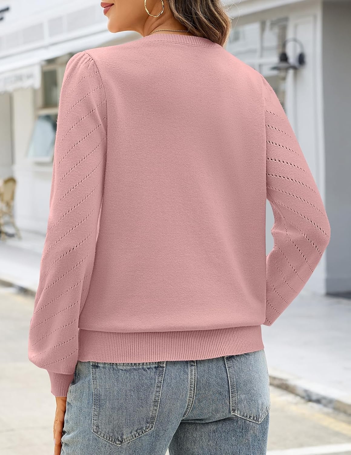 image:imageMEROKEETY Womens Fall Lightweight Sweater Long Sleeve Eyelet Pullover Tops 2026 Ladies Winter Cute Trendy Crewneck Pointelle Balloon Sleeves Ribbed Hem Casual Knit Fashion Outfit ClothesPink