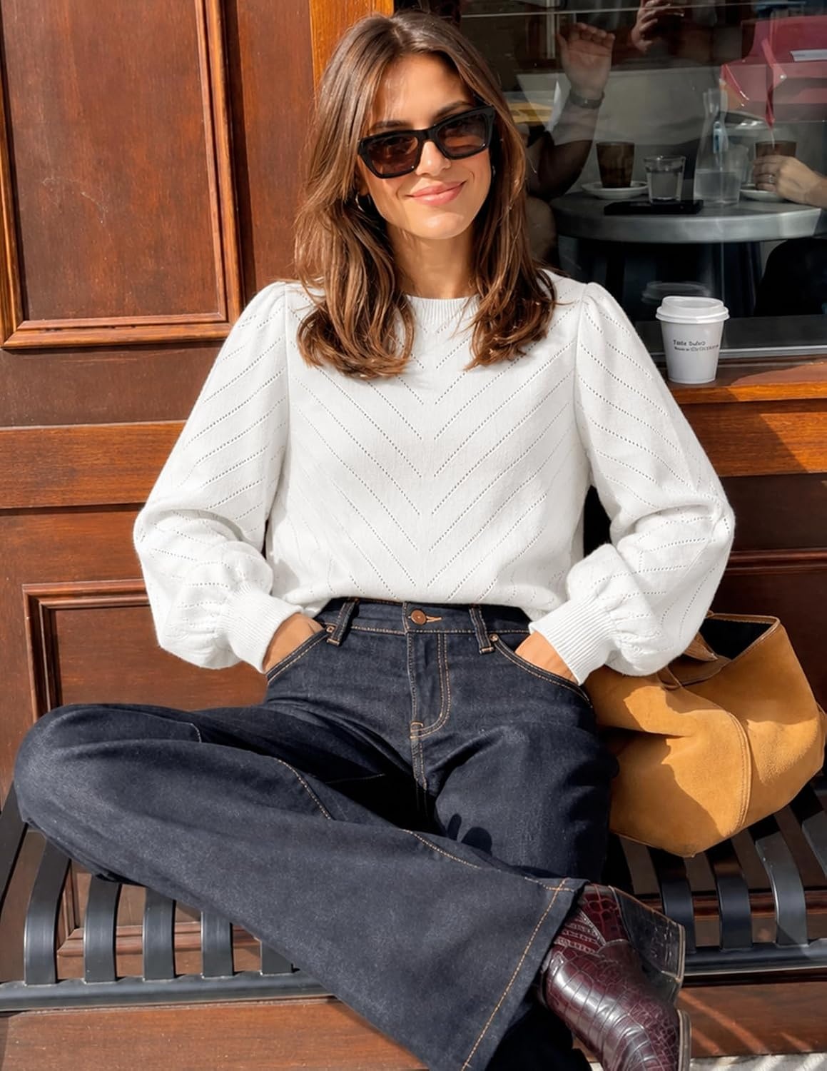 image:imageMEROKEETY Womens Fall Lightweight Sweater Long Sleeve Eyelet Pullover Tops 2026 Ladies Winter Cute Trendy Crewneck Pointelle Balloon Sleeves Ribbed Hem Casual Knit Fashion Outfit ClothesWhite
