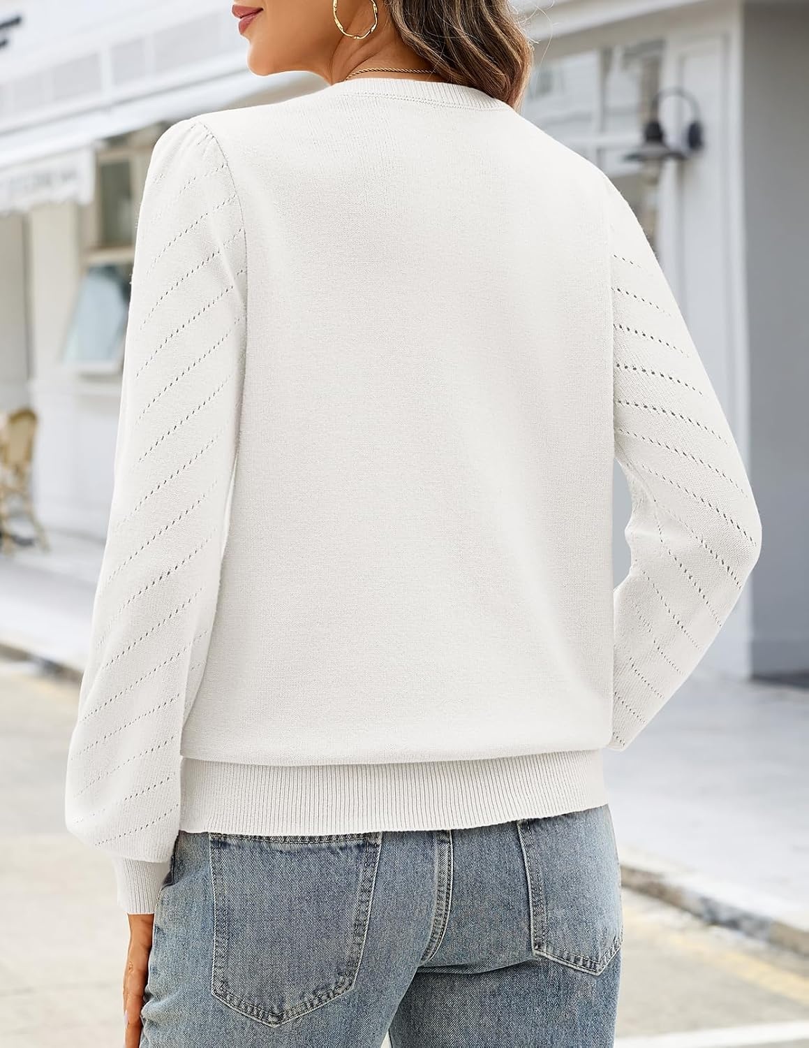 image:imageMEROKEETY Womens Fall Lightweight Sweater Long Sleeve Eyelet Pullover Tops 2026 Ladies Winter Cute Trendy Crewneck Pointelle Balloon Sleeves Ribbed Hem Casual Knit Fashion Outfit ClothesWhite