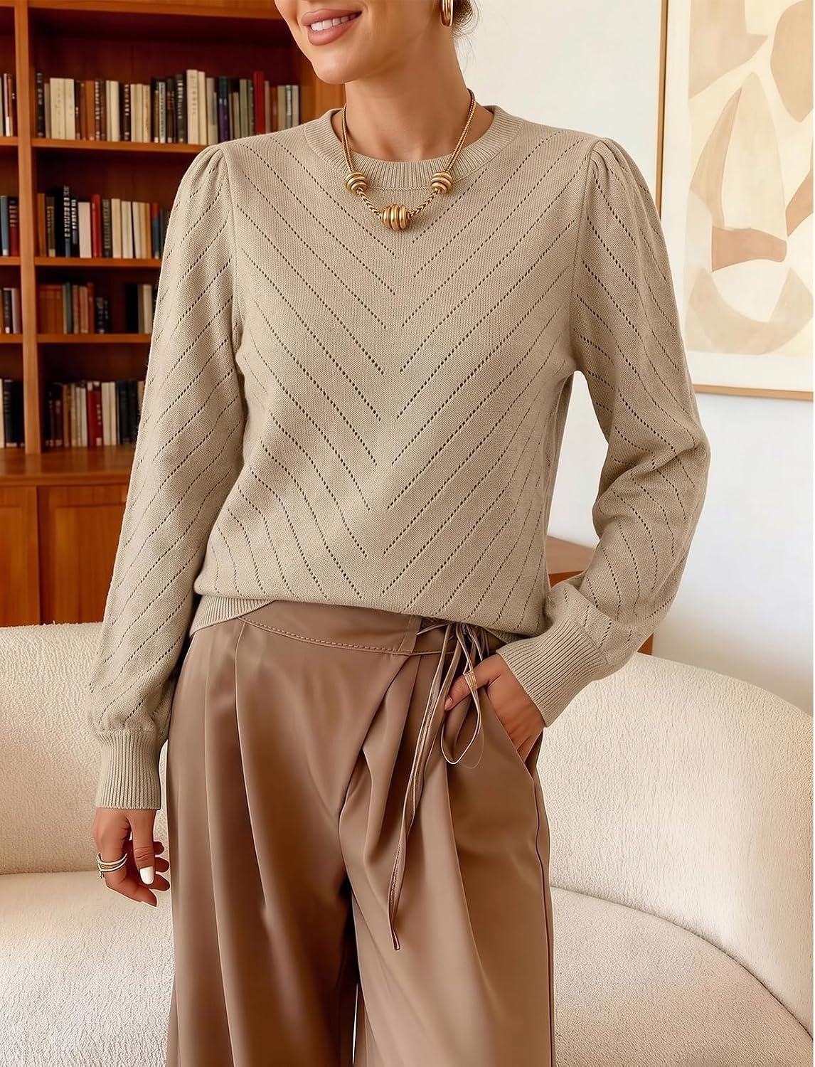 image:imageMEROKEETY Womens Fall Lightweight Sweater Long Sleeve Eyelet Pullover Tops 2026 Ladies Winter Cute Trendy Crewneck Pointelle Balloon Sleeves Ribbed Hem Casual Knit Fashion Outfit ClothesApricot