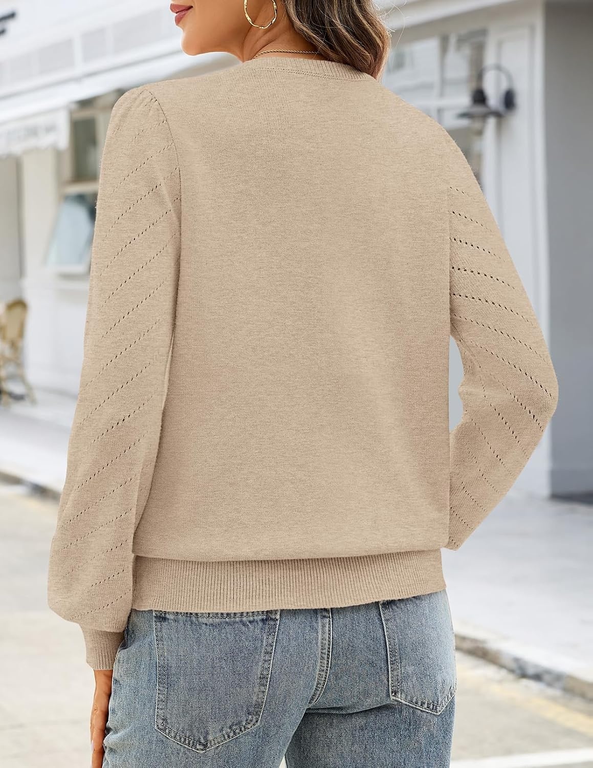 image:imageMEROKEETY Womens Fall Lightweight Sweater Long Sleeve Eyelet Pullover Tops 2026 Ladies Winter Cute Trendy Crewneck Pointelle Balloon Sleeves Ribbed Hem Casual Knit Fashion Outfit ClothesApricot