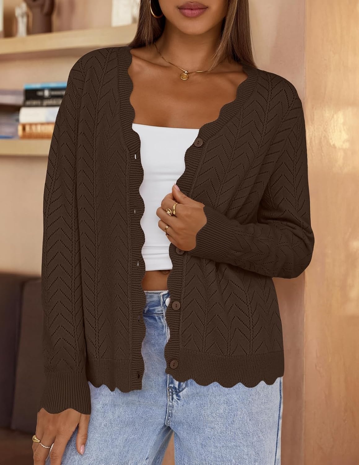 image:imageMEROKEETY Womens Fall Long Sleeve Button Front Cardigan Sweater Open Front Scalloped V Neck Crochet Cardigan Hollow Out Lightweight Dressy Trendy Loose Fit Knit Jumper Sweater TopCoffee