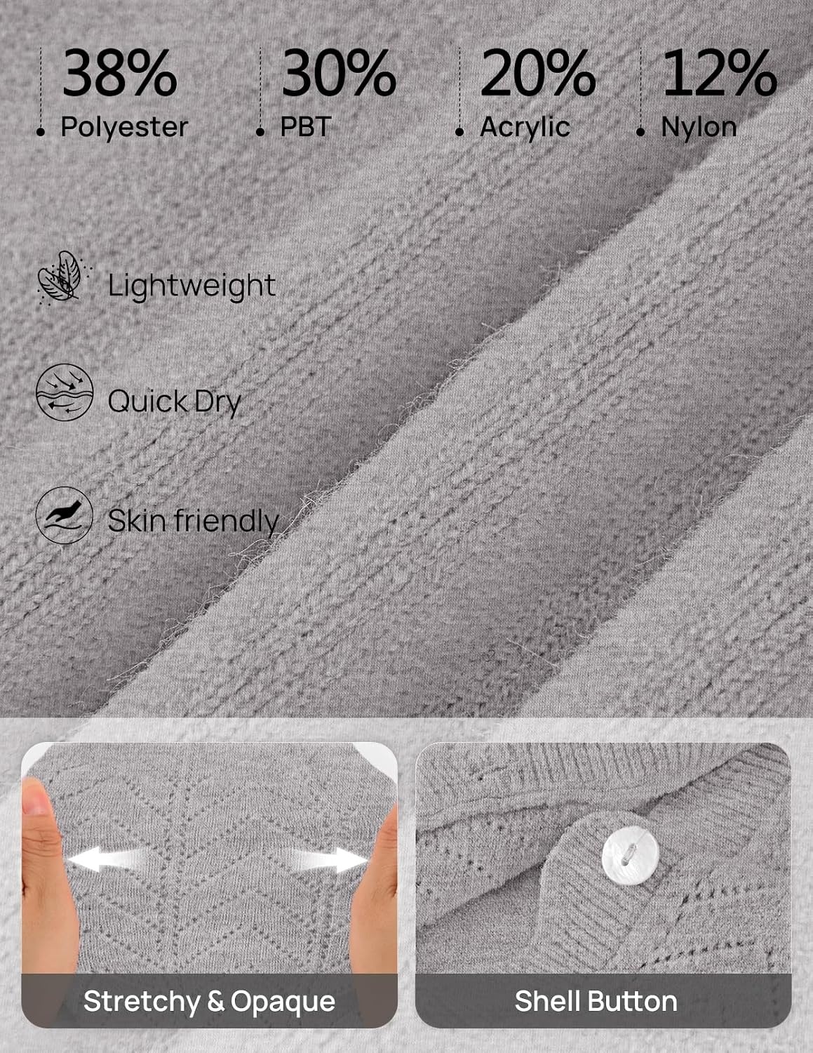 image:imageMEROKEETY Womens Fall Long Sleeve Button Front Cardigan Sweater Open Front Scalloped V Neck Crochet Cardigan Hollow Out Lightweight Dressy Trendy Loose Fit Knit Jumper Sweater TopGray