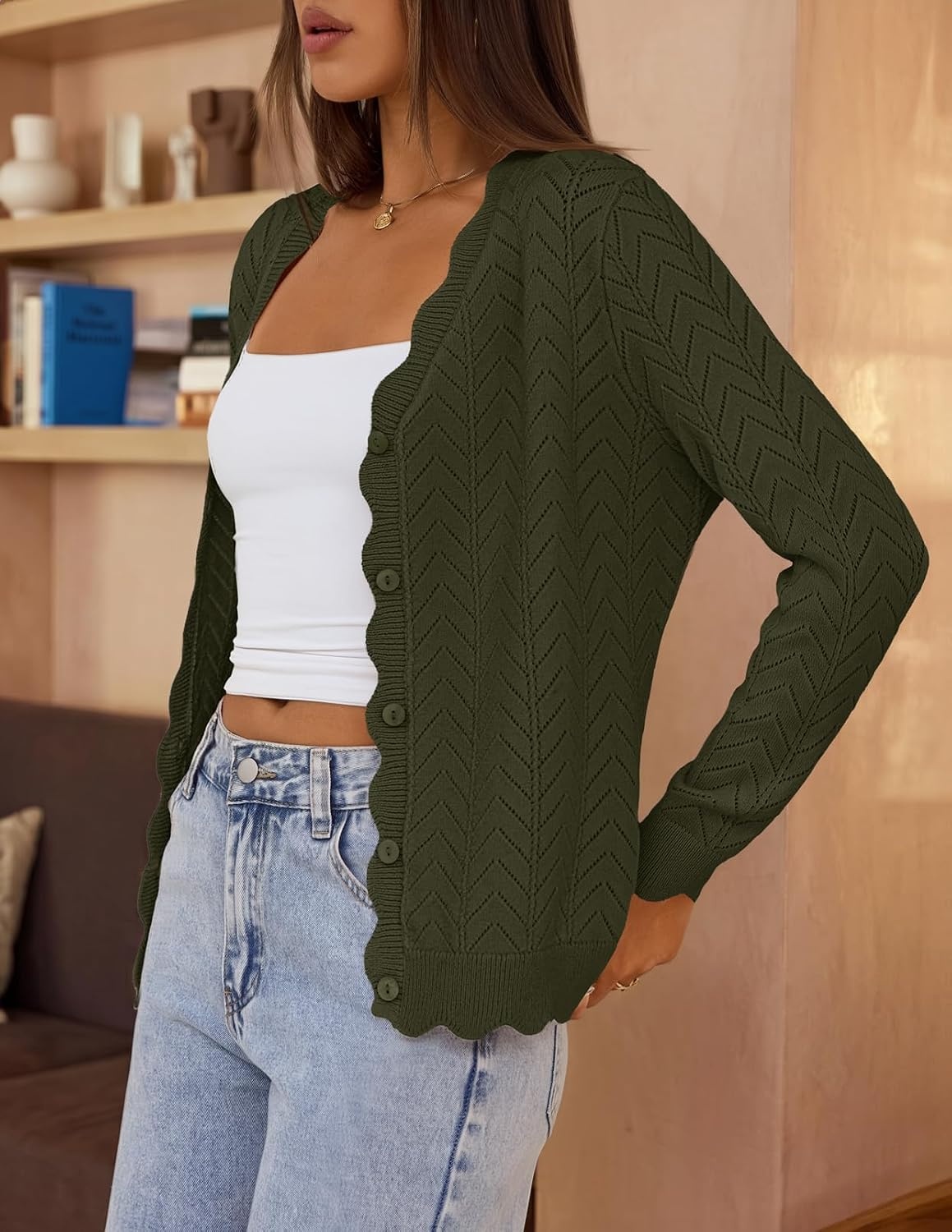 image:imageMEROKEETY Womens Fall Long Sleeve Button Front Cardigan Sweater Open Front Scalloped V Neck Crochet Cardigan Hollow Out Lightweight Dressy Trendy Loose Fit Knit Jumper Sweater TopArmy