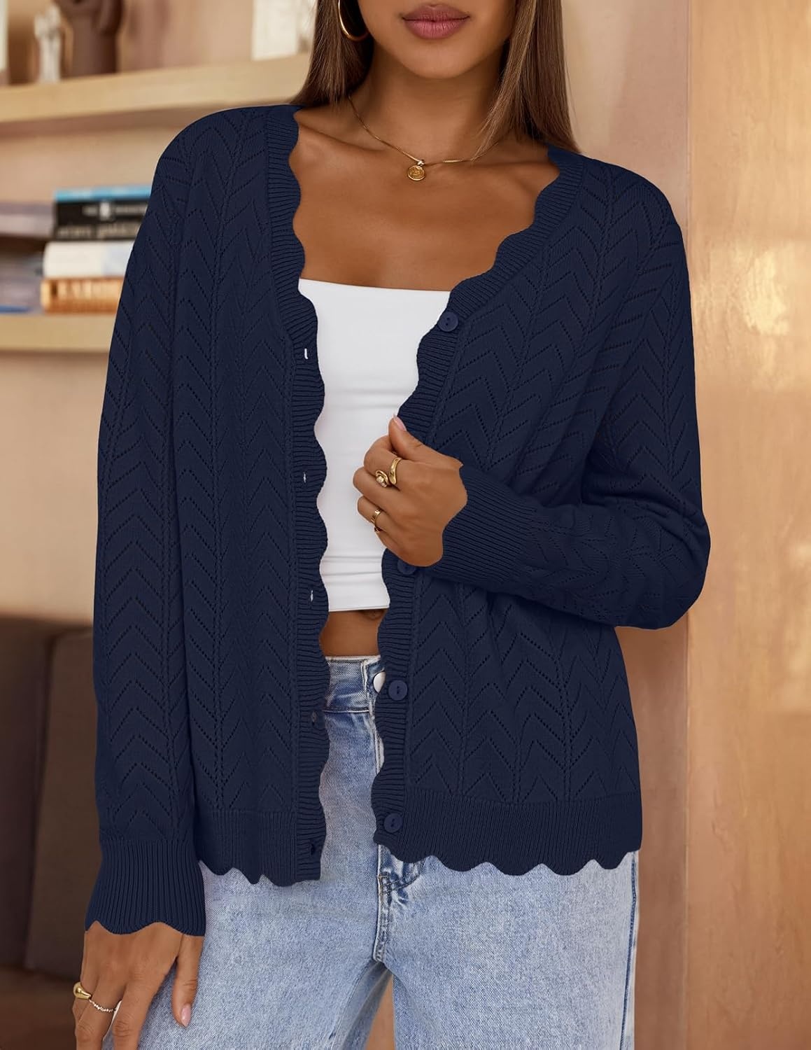 image:imageMEROKEETY Womens Fall Long Sleeve Button Front Cardigan Sweater Open Front Scalloped V Neck Crochet Cardigan Hollow Out Lightweight Dressy Trendy Loose Fit Knit Jumper Sweater TopNavy