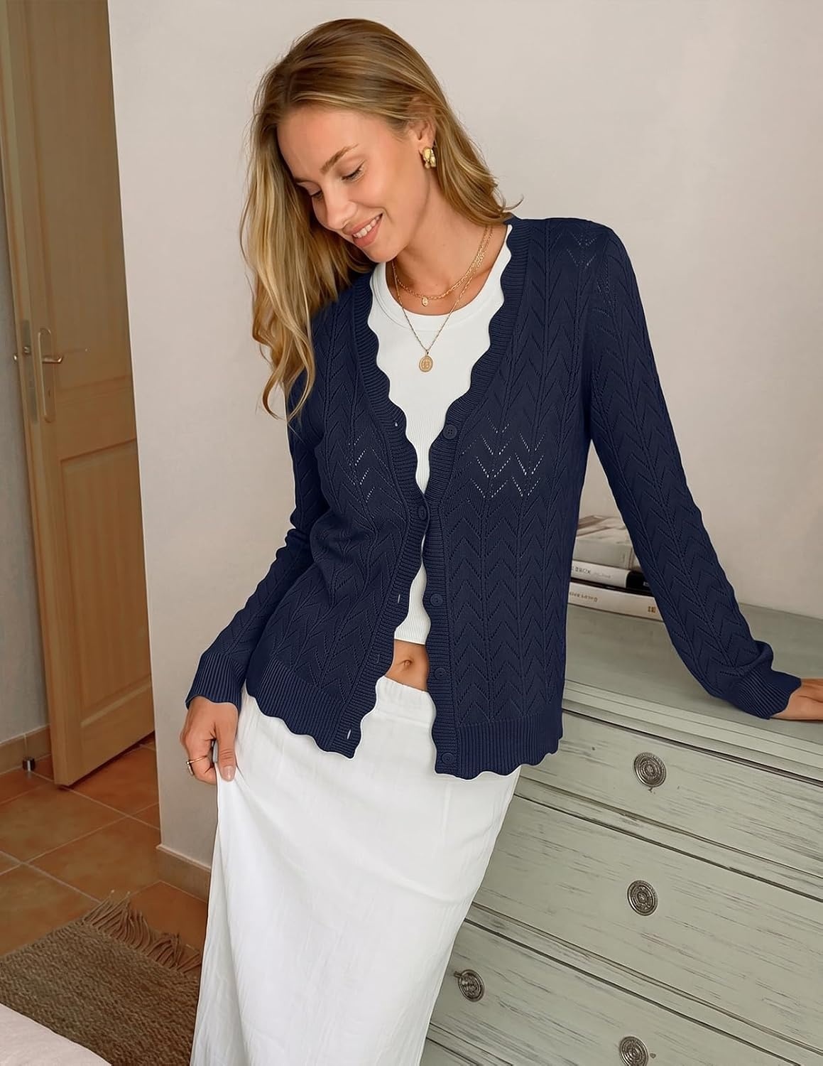 image:imageMEROKEETY Womens Fall Long Sleeve Button Front Cardigan Sweater Open Front Scalloped V Neck Crochet Cardigan Hollow Out Lightweight Dressy Trendy Loose Fit Knit Jumper Sweater TopNavy