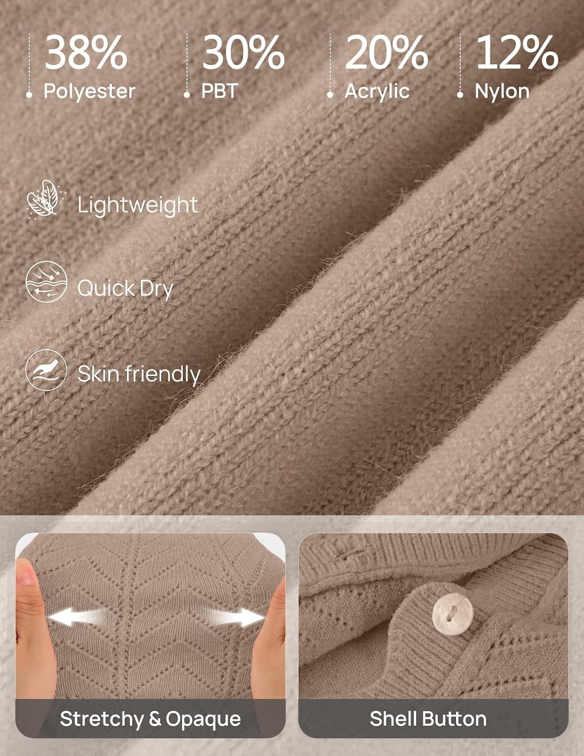 image:imageMEROKEETY Womens Fall Long Sleeve Button Front Cardigan Sweater Open Front Scalloped V Neck Crochet Cardigan Hollow Out Lightweight Dressy Trendy Loose Fit Knit Jumper Sweater TopKhaki