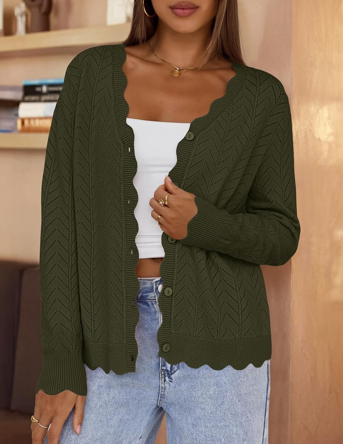 image:imageMEROKEETY Womens Fall Long Sleeve Button Front Cardigan Sweater Open Front Scalloped V Neck Crochet Cardigan Hollow Out Lightweight Dressy Trendy Loose Fit Knit Jumper Sweater TopArmy
