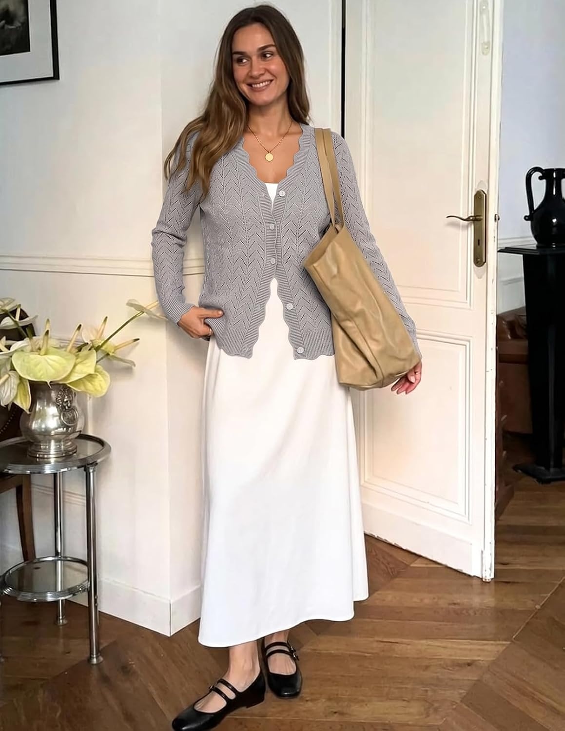 image:imageMEROKEETY Womens Fall Long Sleeve Button Front Cardigan Sweater Open Front Scalloped V Neck Crochet Cardigan Hollow Out Lightweight Dressy Trendy Loose Fit Knit Jumper Sweater TopGray