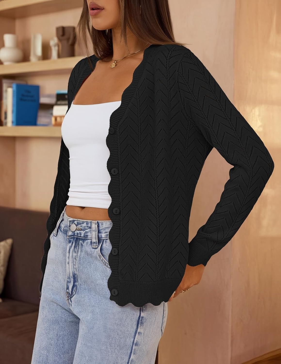image:imageMEROKEETY Womens Fall Long Sleeve Button Front Cardigan Sweater Open Front Scalloped V Neck Crochet Cardigan Hollow Out Lightweight Dressy Trendy Loose Fit Knit Jumper Sweater TopBlack