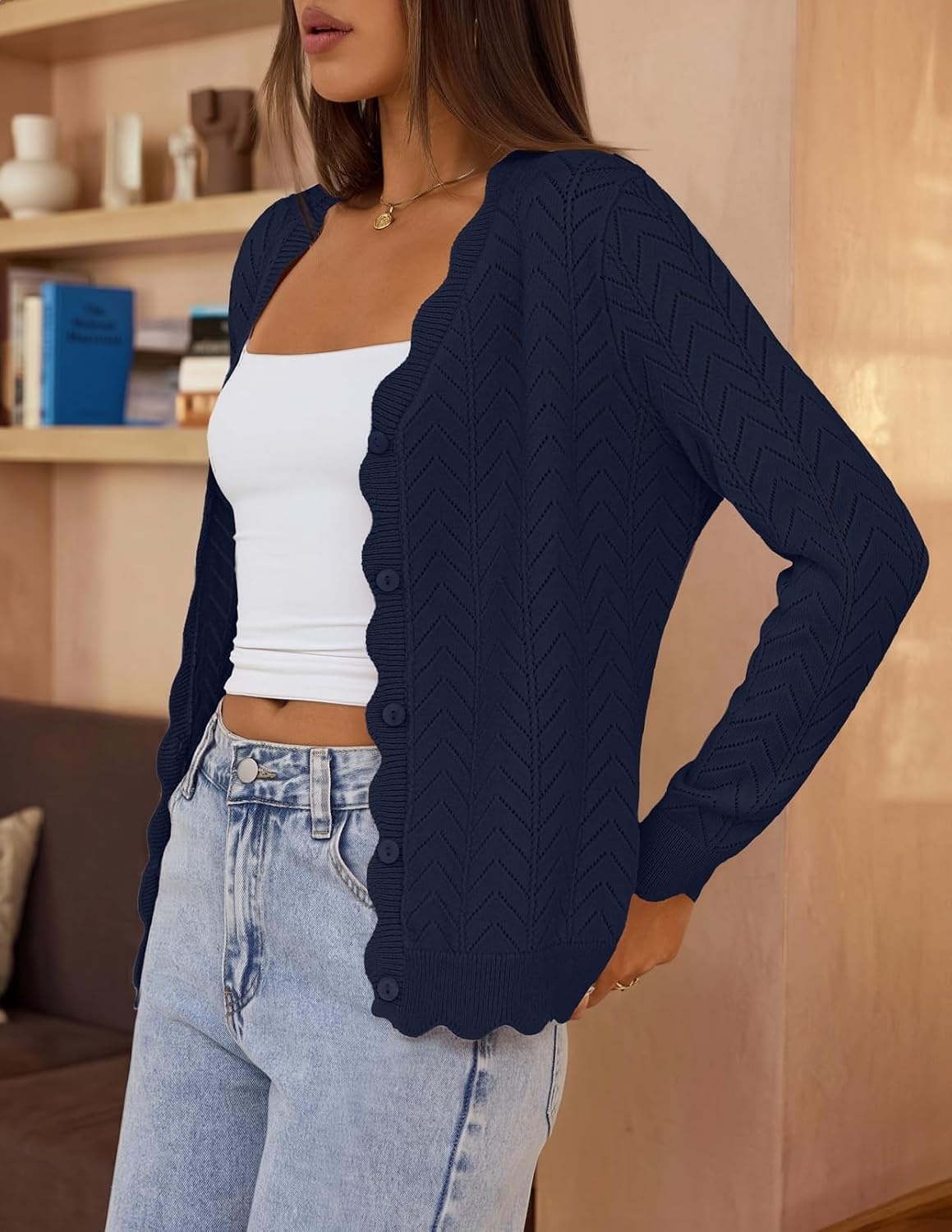 image:imageMEROKEETY Womens Fall Long Sleeve Button Front Cardigan Sweater Open Front Scalloped V Neck Crochet Cardigan Hollow Out Lightweight Dressy Trendy Loose Fit Knit Jumper Sweater TopNavy