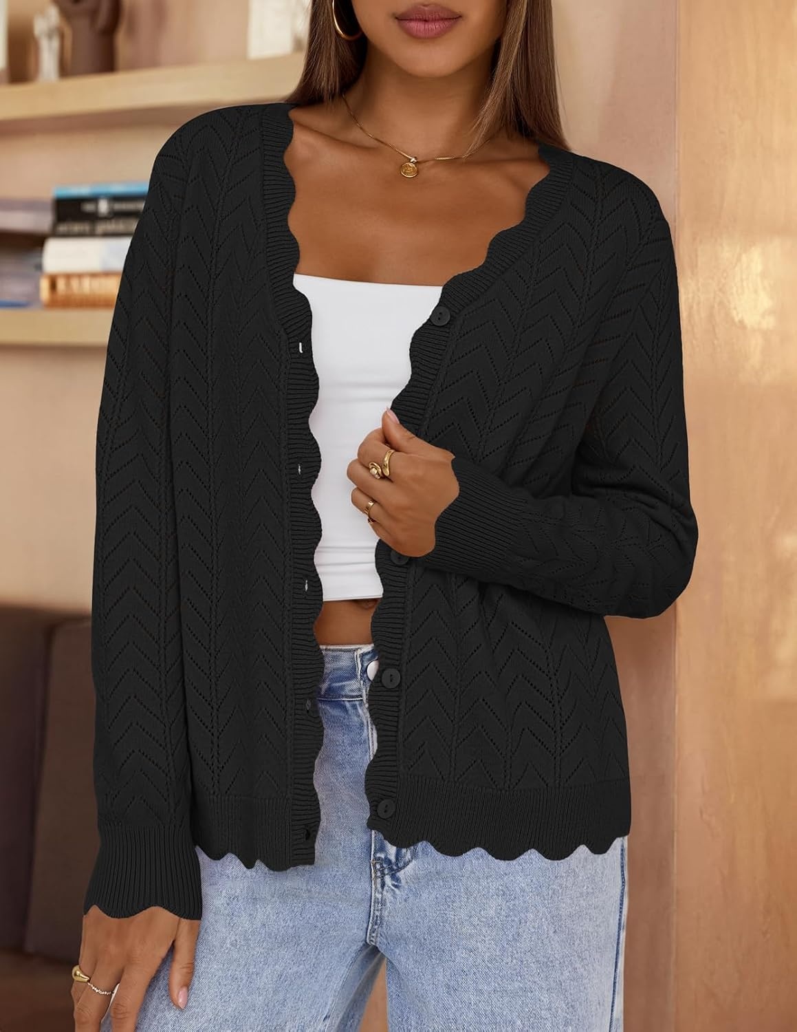 image:imageMEROKEETY Womens Fall Long Sleeve Button Front Cardigan Sweater Open Front Scalloped V Neck Crochet Cardigan Hollow Out Lightweight Dressy Trendy Loose Fit Knit Jumper Sweater TopBlack