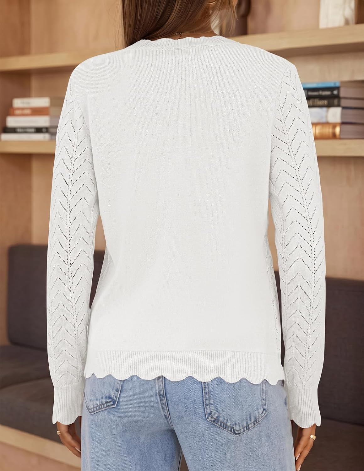 image:imageMEROKEETY Womens Fall Long Sleeve Button Front Cardigan Sweater Open Front Scalloped V Neck Crochet Cardigan Hollow Out Lightweight Dressy Trendy Loose Fit Knit Jumper Sweater TopWhite