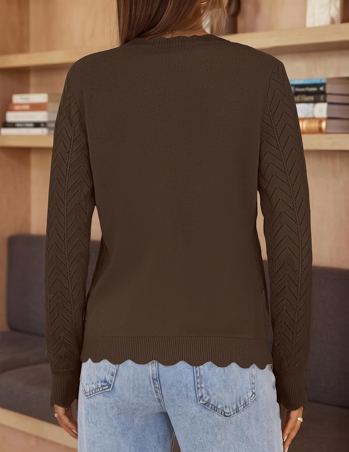 image:imageMEROKEETY Womens Fall Long Sleeve Button Front Cardigan Sweater Open Front Scalloped V Neck Crochet Cardigan Hollow Out Lightweight Dressy Trendy Loose Fit Knit Jumper Sweater TopCoffee