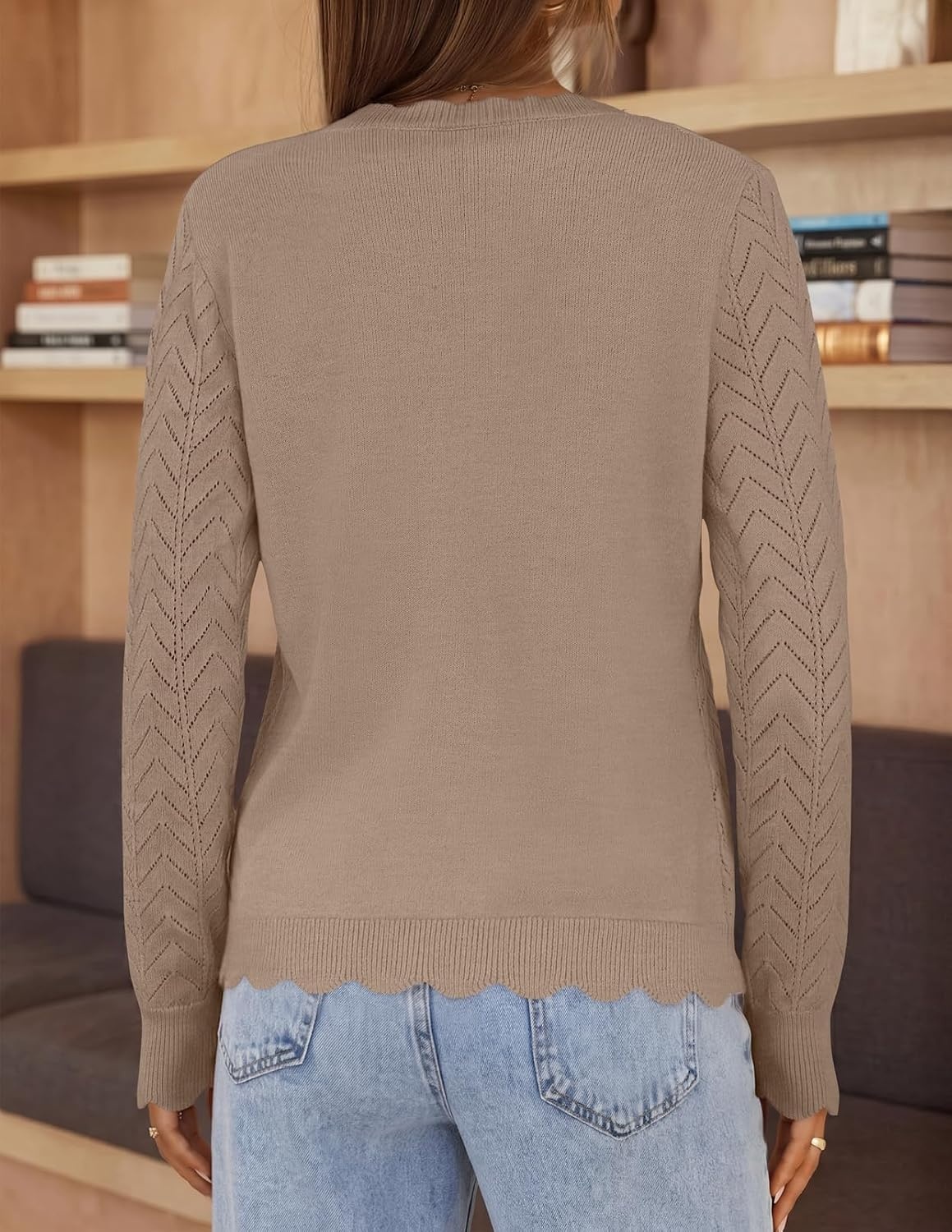 image:imageMEROKEETY Womens Fall Long Sleeve Button Front Cardigan Sweater Open Front Scalloped V Neck Crochet Cardigan Hollow Out Lightweight Dressy Trendy Loose Fit Knit Jumper Sweater TopKhaki