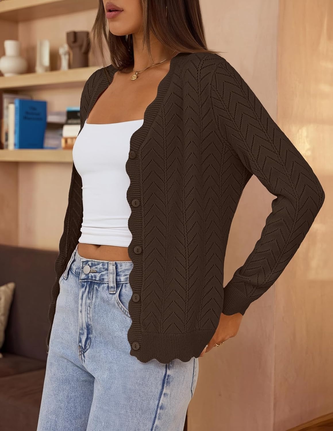 image:imageMEROKEETY Womens Fall Long Sleeve Button Front Cardigan Sweater Open Front Scalloped V Neck Crochet Cardigan Hollow Out Lightweight Dressy Trendy Loose Fit Knit Jumper Sweater TopCoffee