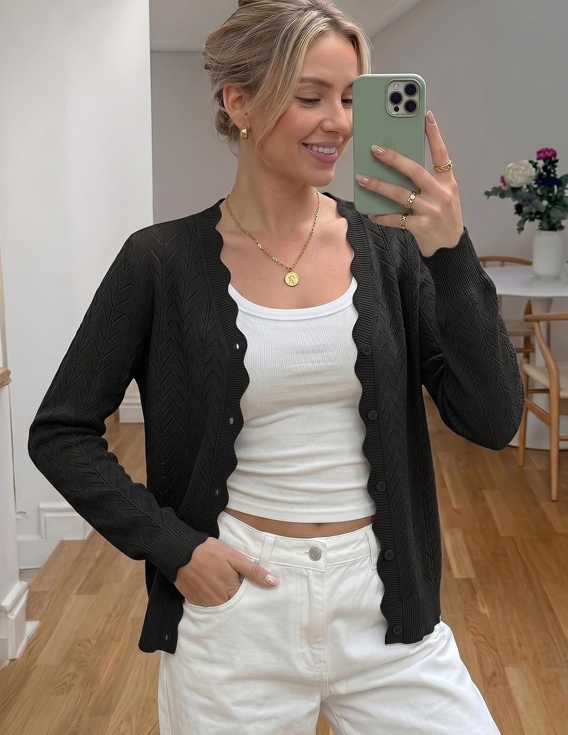 image:imageMEROKEETY Womens Fall Long Sleeve Button Front Cardigan Sweater Open Front Scalloped V Neck Crochet Cardigan Hollow Out Lightweight Dressy Trendy Loose Fit Knit Jumper Sweater TopBlack