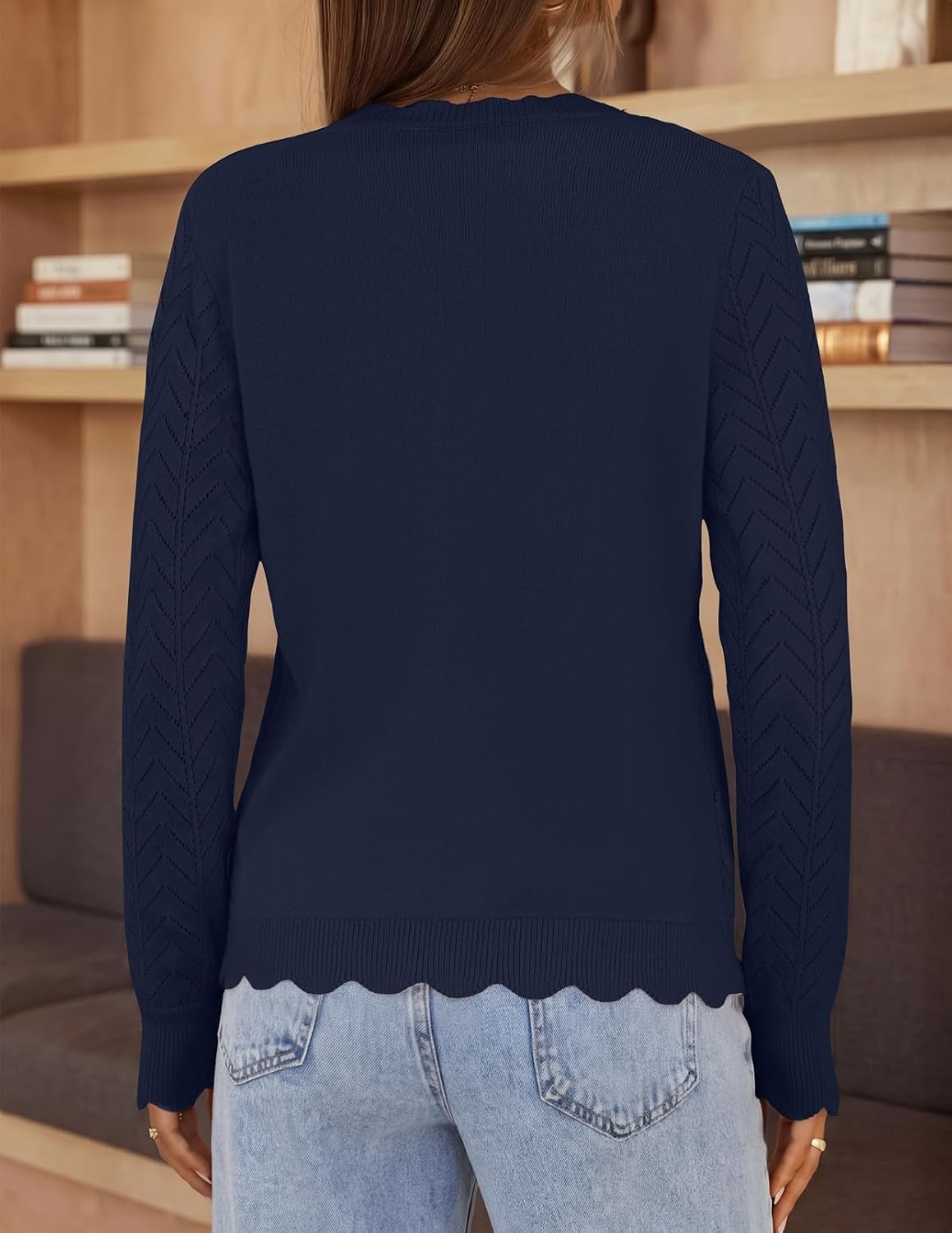 image:imageMEROKEETY Womens Fall Long Sleeve Button Front Cardigan Sweater Open Front Scalloped V Neck Crochet Cardigan Hollow Out Lightweight Dressy Trendy Loose Fit Knit Jumper Sweater TopNavy