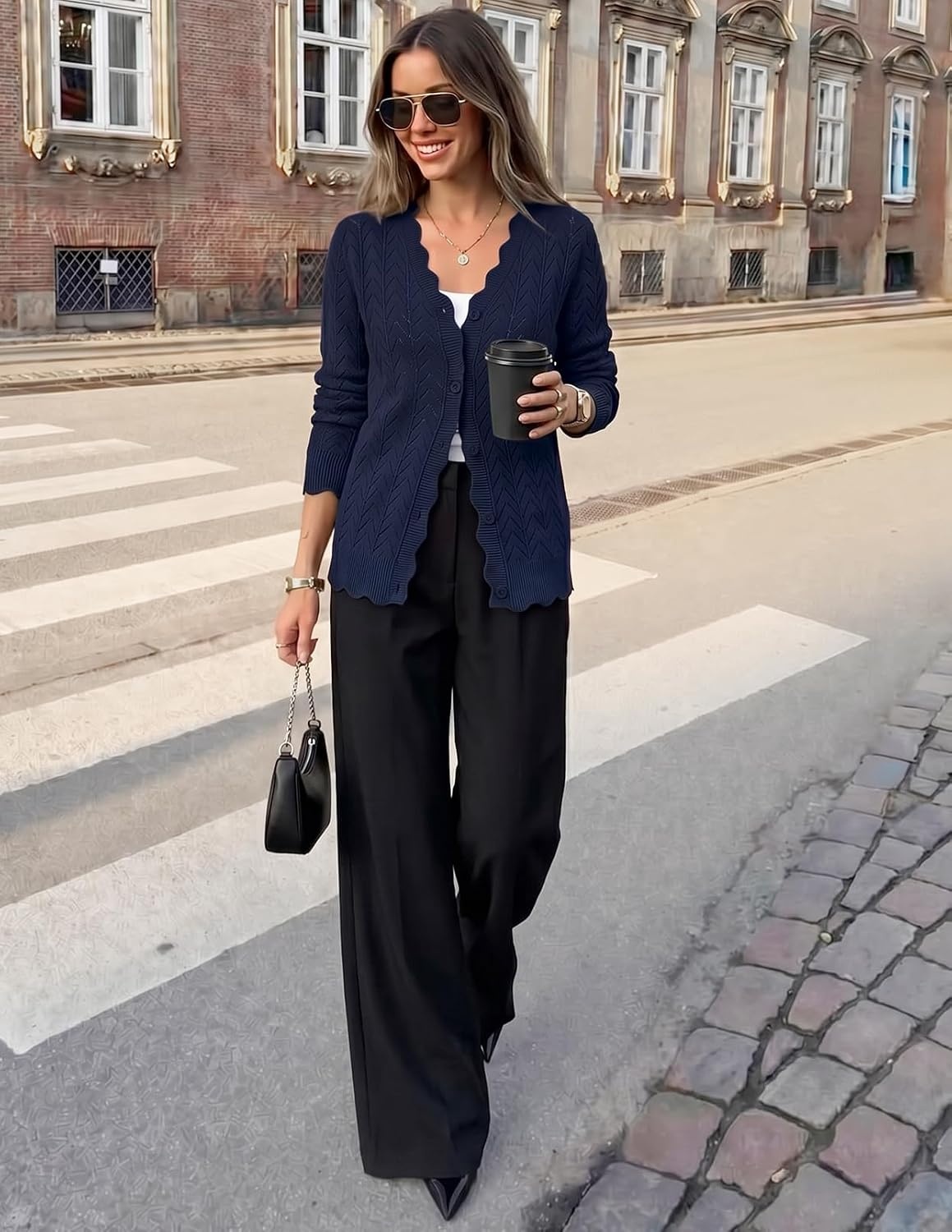 image:imageMEROKEETY Womens Fall Long Sleeve Button Front Cardigan Sweater Open Front Scalloped V Neck Crochet Cardigan Hollow Out Lightweight Dressy Trendy Loose Fit Knit Jumper Sweater TopNavy
