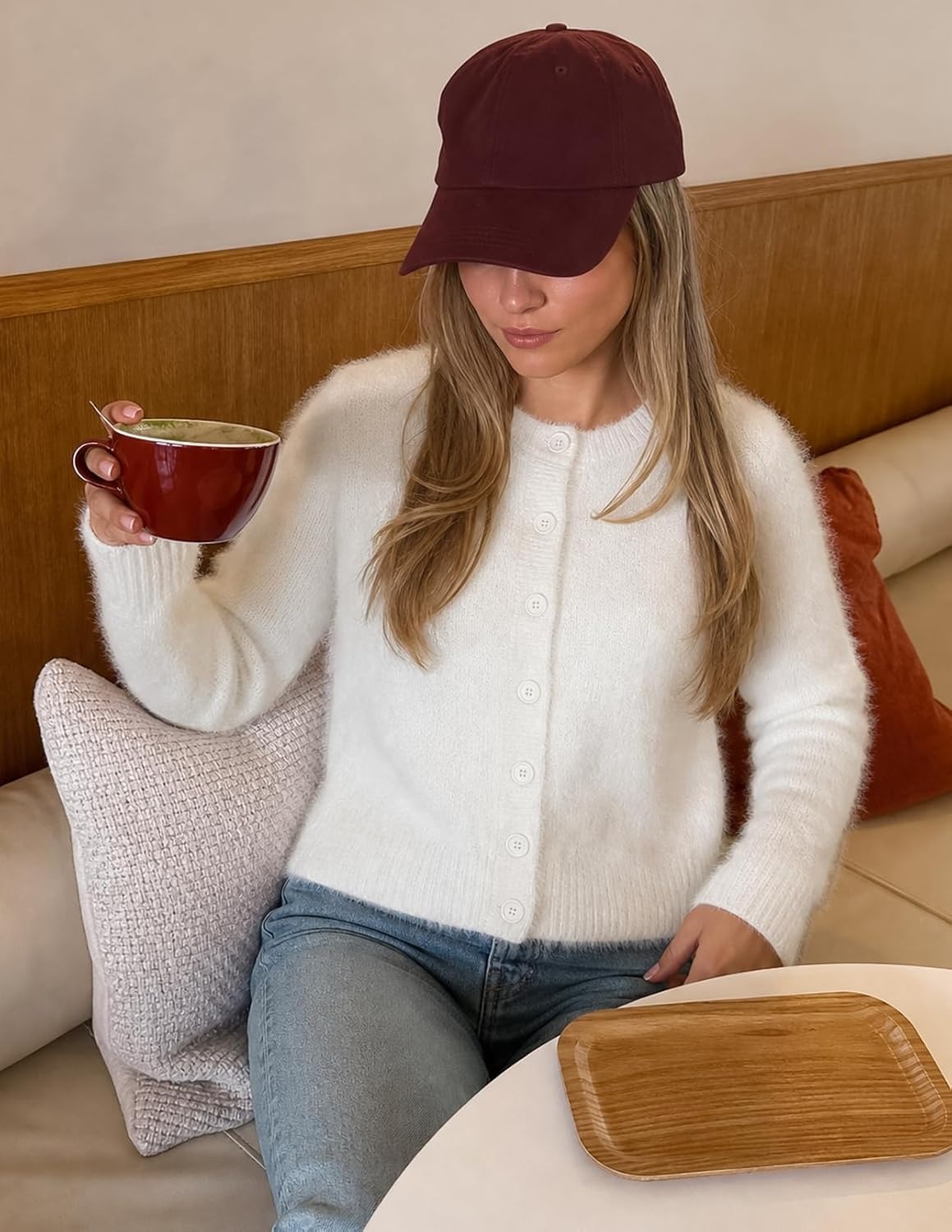 image:imageMEROKEETY Womens Fall Long Sleeve Button Fuzzy Cardigan Sweater Open Front Crew Neck Knit Cozy 2026 Winter Relaxed Fit Drop Shoulder Stretchy and Soft Slightly Cropped Hem TrendyWhite