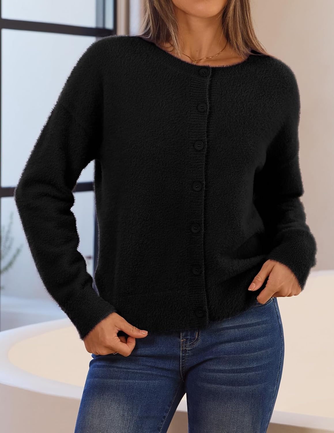 image:imageMEROKEETY Womens Fall Long Sleeve Button Fuzzy Cardigan Sweater Open Front Crew Neck Knit Cozy 2026 Winter Relaxed Fit Drop Shoulder Stretchy and Soft Slightly Cropped Hem TrendyBlack