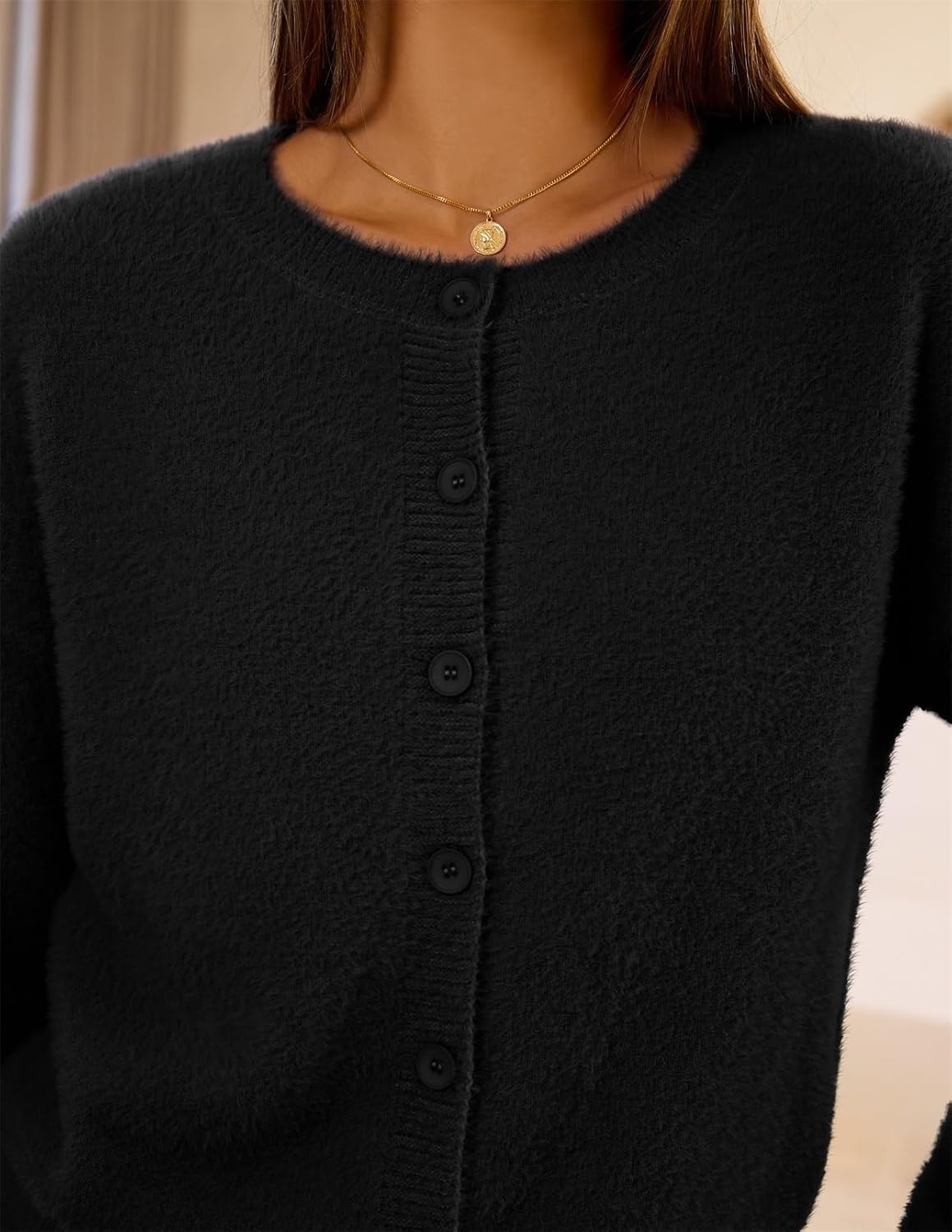 image:imageMEROKEETY Womens Fall Long Sleeve Button Fuzzy Cardigan Sweater Open Front Crew Neck Knit Cozy 2026 Winter Relaxed Fit Drop Shoulder Stretchy and Soft Slightly Cropped Hem TrendyBlack